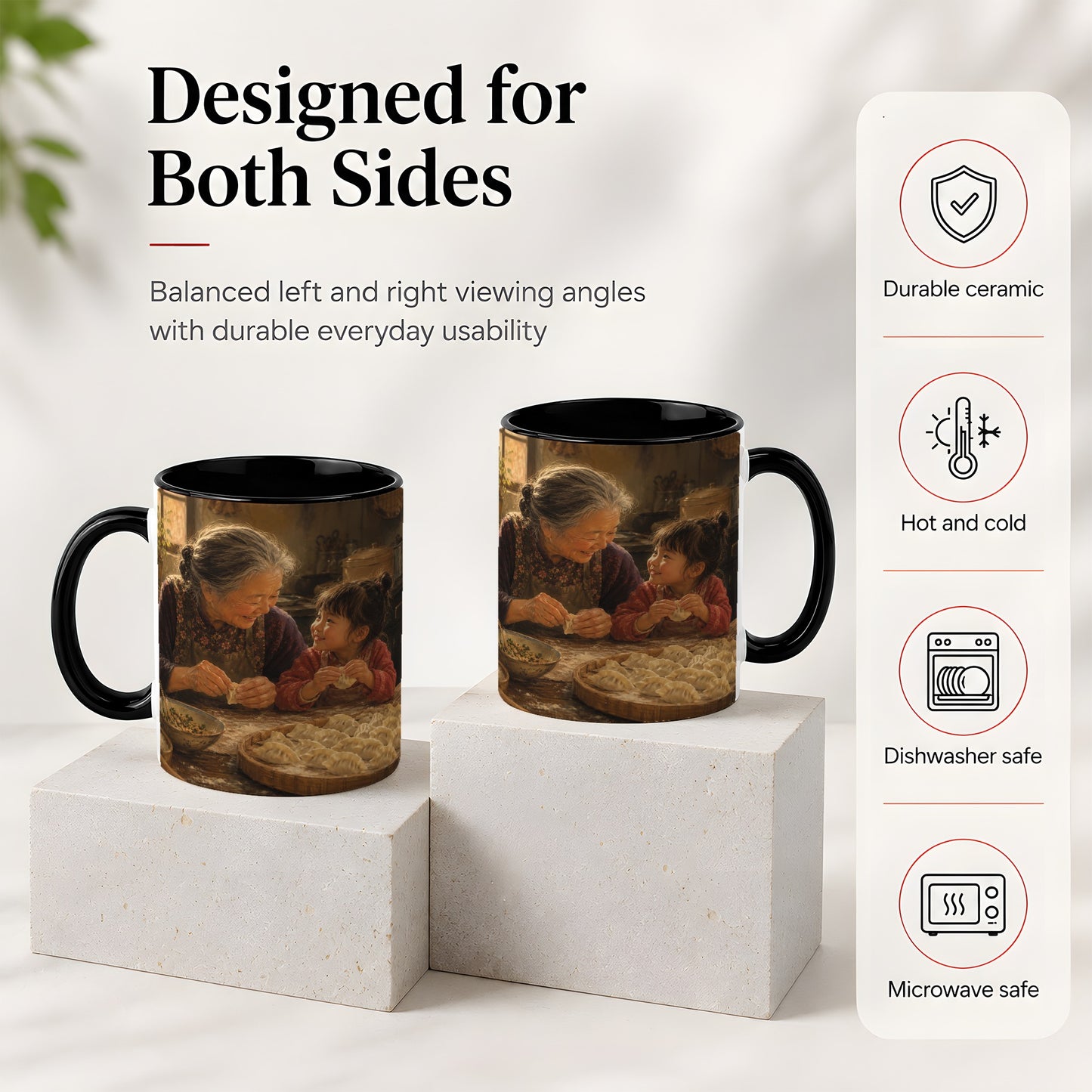 #pl[11oz|Black] Family Dumpling Making Ceramic Mug, Grandma and Child Art
