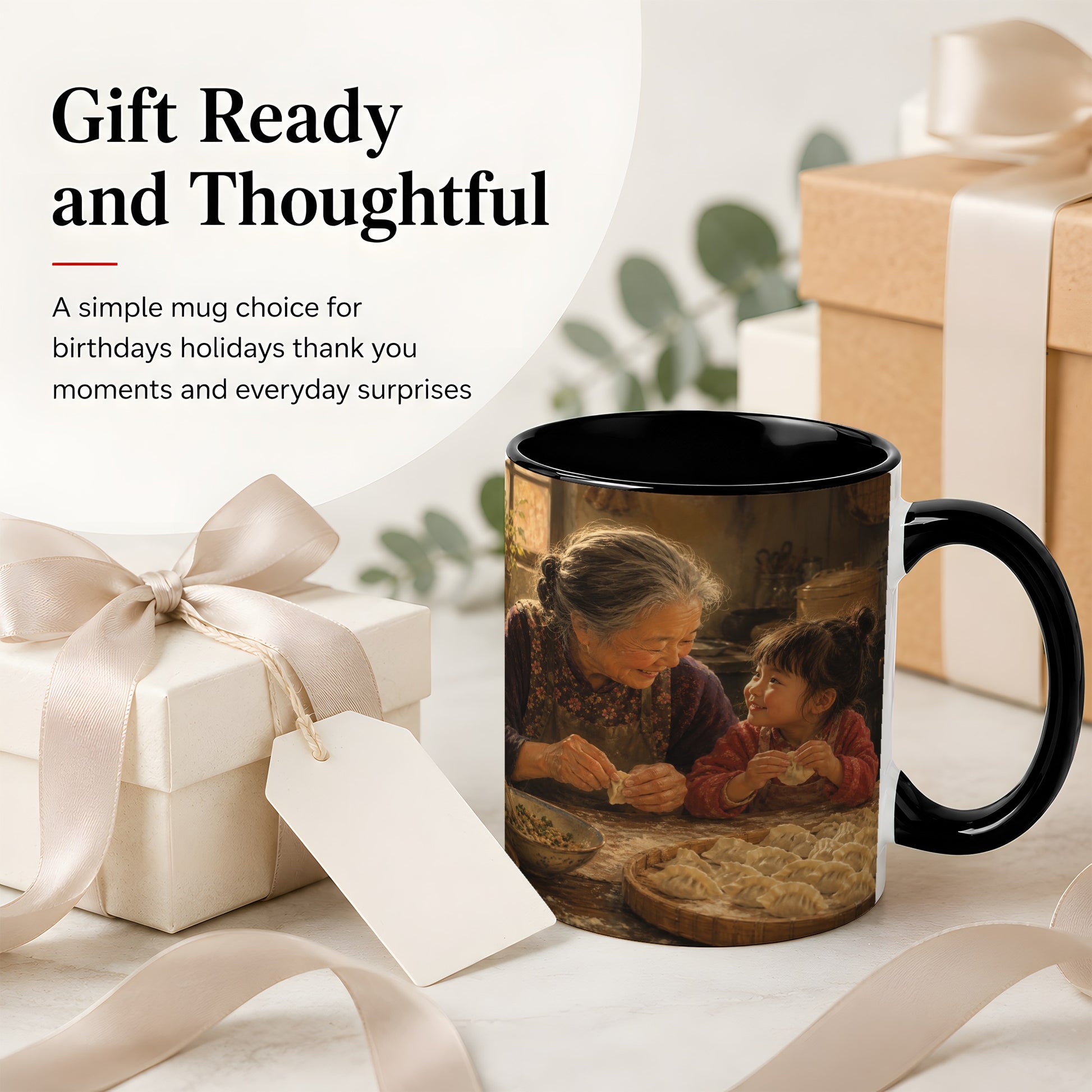 #pl[11oz|Black] Family Dumpling Making Ceramic Mug, Grandma and Child Art