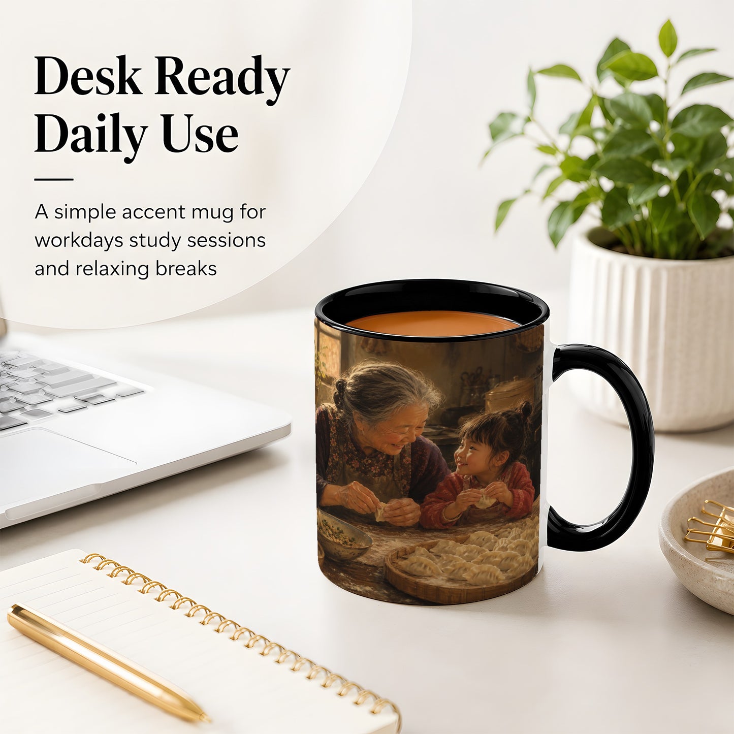 #pl[11oz|Black] Family Dumpling Making Ceramic Mug, Grandma and Child Art