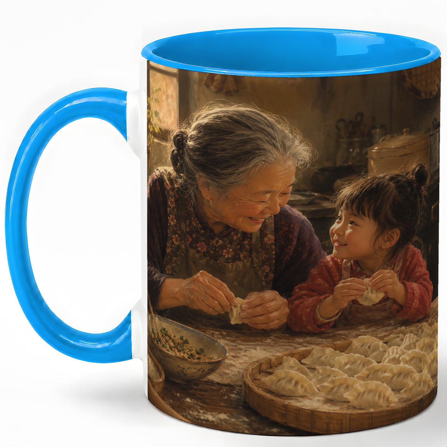 #pl[11oz|Blue] Family Dumpling Making Ceramic Mug, Grandma and Child Art