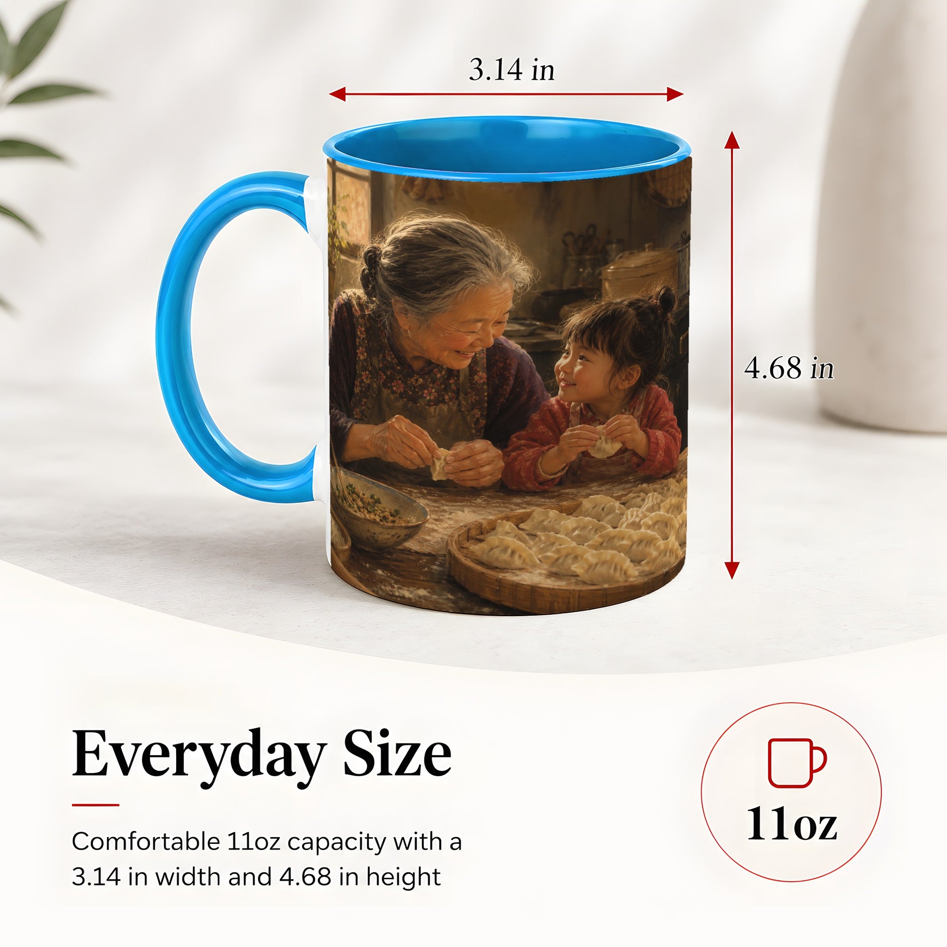 #pl[11oz|Blue] Family Dumpling Making Ceramic Mug, Grandma and Child Art