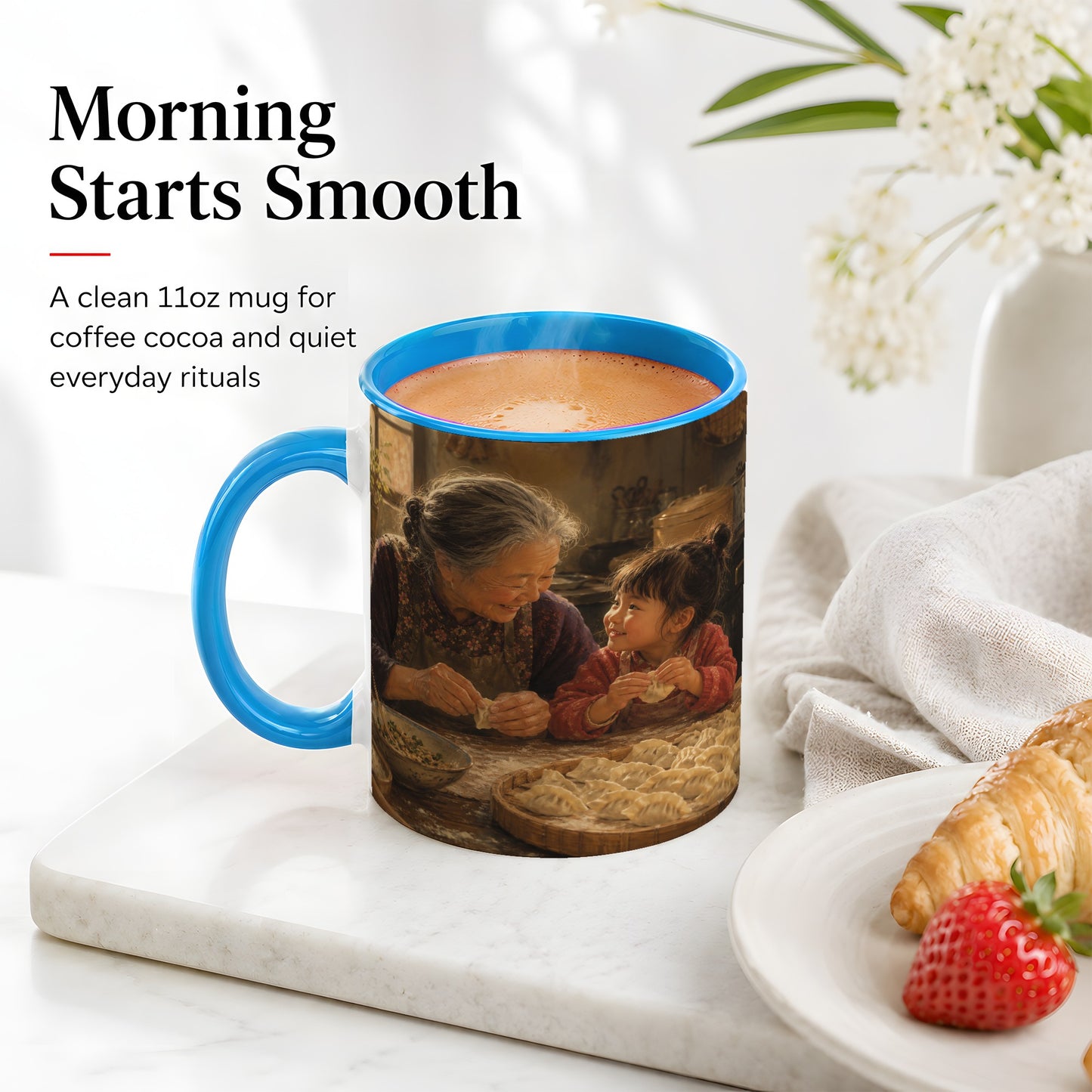 #pl[11oz|Blue] Family Dumpling Making Ceramic Mug, Grandma and Child Art
