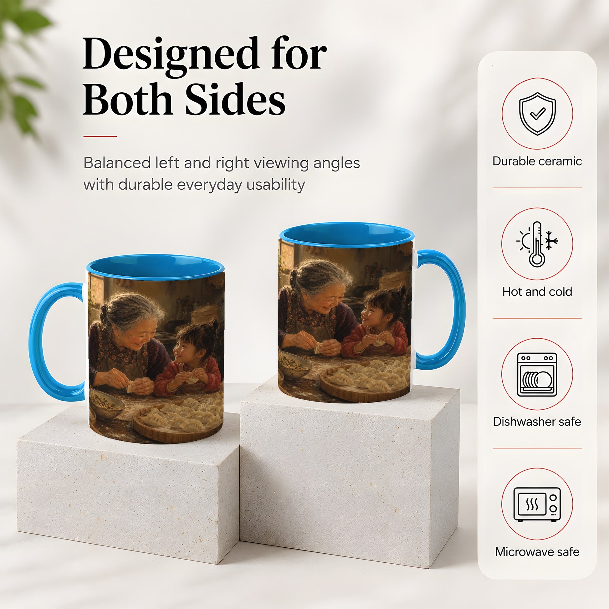 #pl[11oz|Blue] Family Dumpling Making Ceramic Mug, Grandma and Child Art