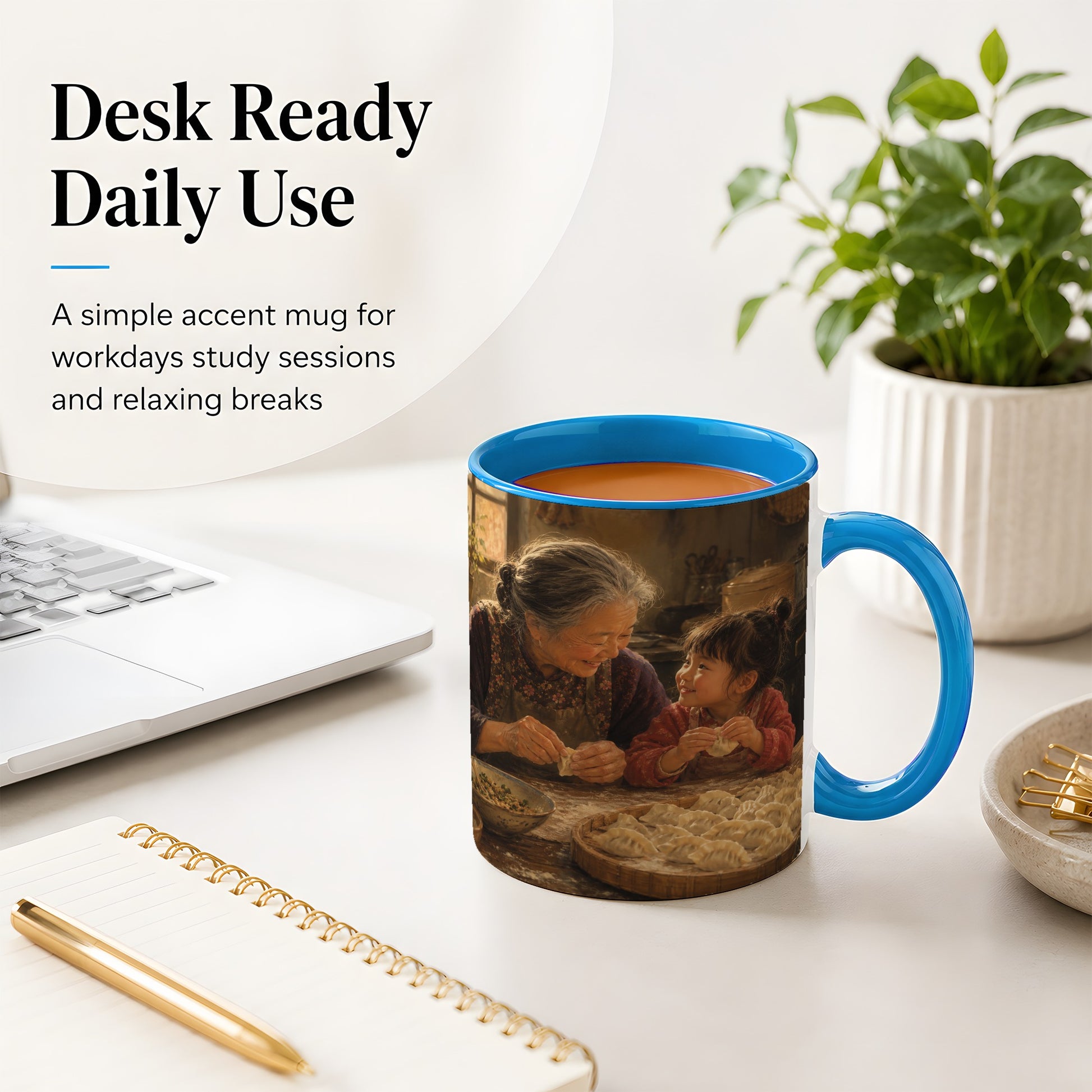 #pl[11oz|Blue] Family Dumpling Making Ceramic Mug, Grandma and Child Art