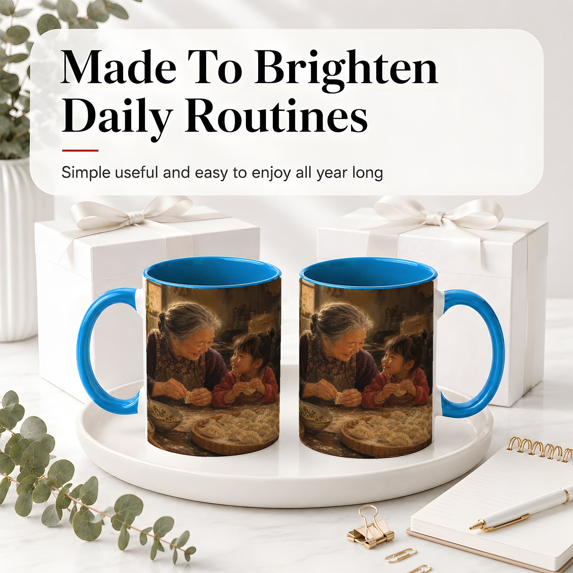#pl[11oz|Blue] Family Dumpling Making Ceramic Mug, Grandma and Child Art