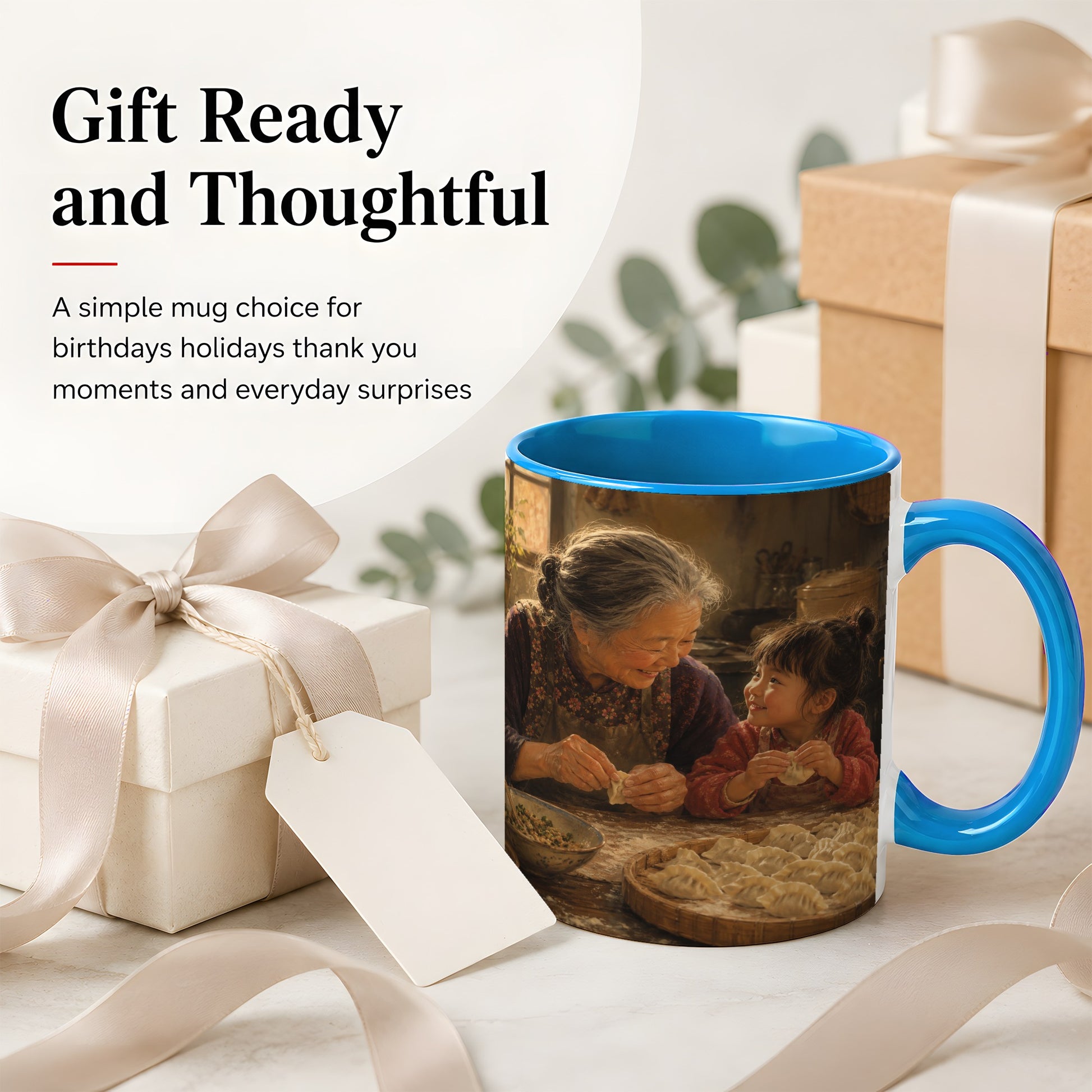 #pl[11oz|Blue] Family Dumpling Making Ceramic Mug, Grandma and Child Art