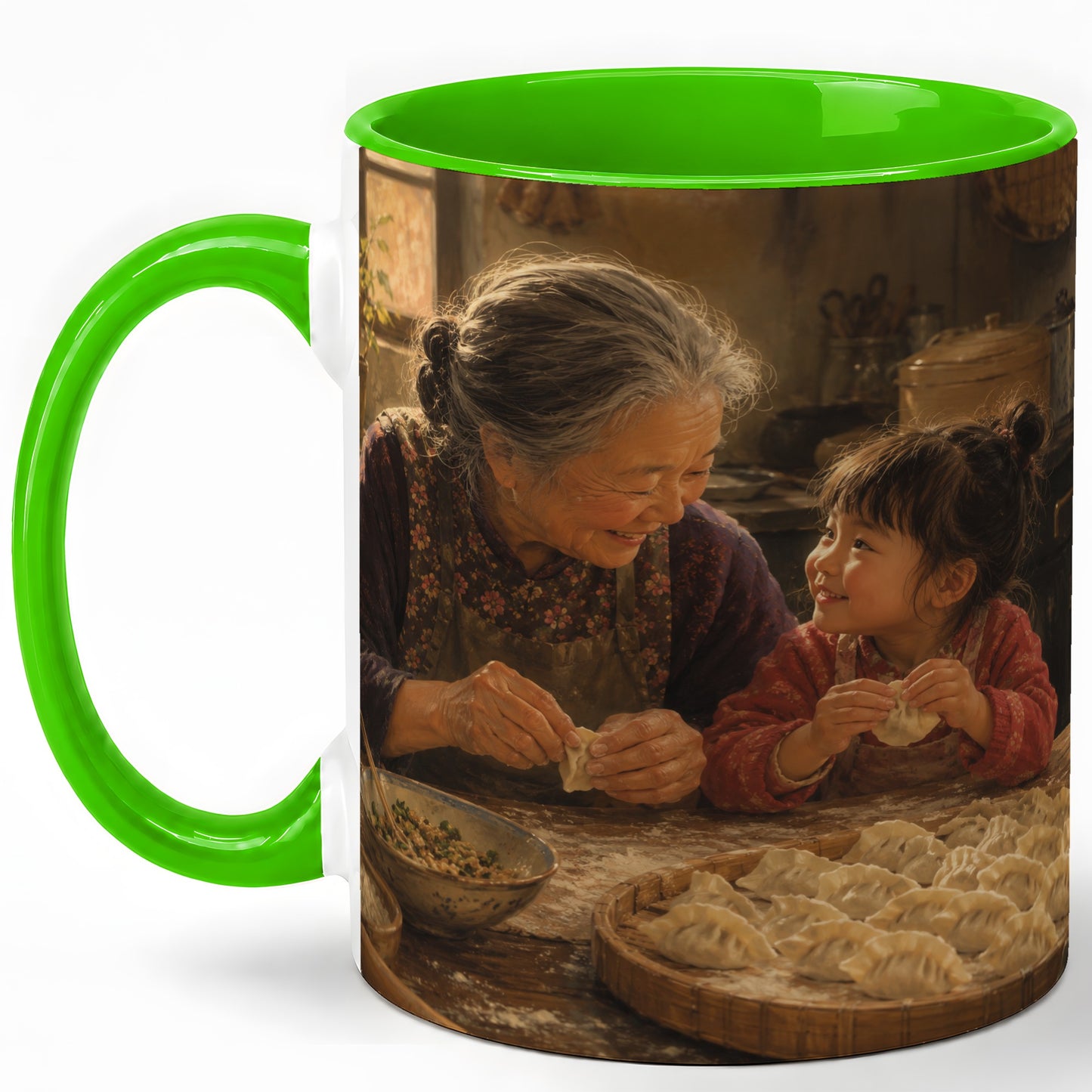 #pl[11oz|Green] Family Dumpling Making Ceramic Mug, Grandma and Child Art