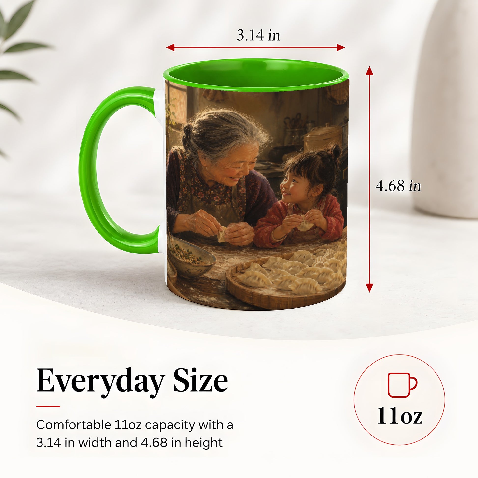 #pl[11oz|Green] Family Dumpling Making Ceramic Mug, Grandma and Child Art