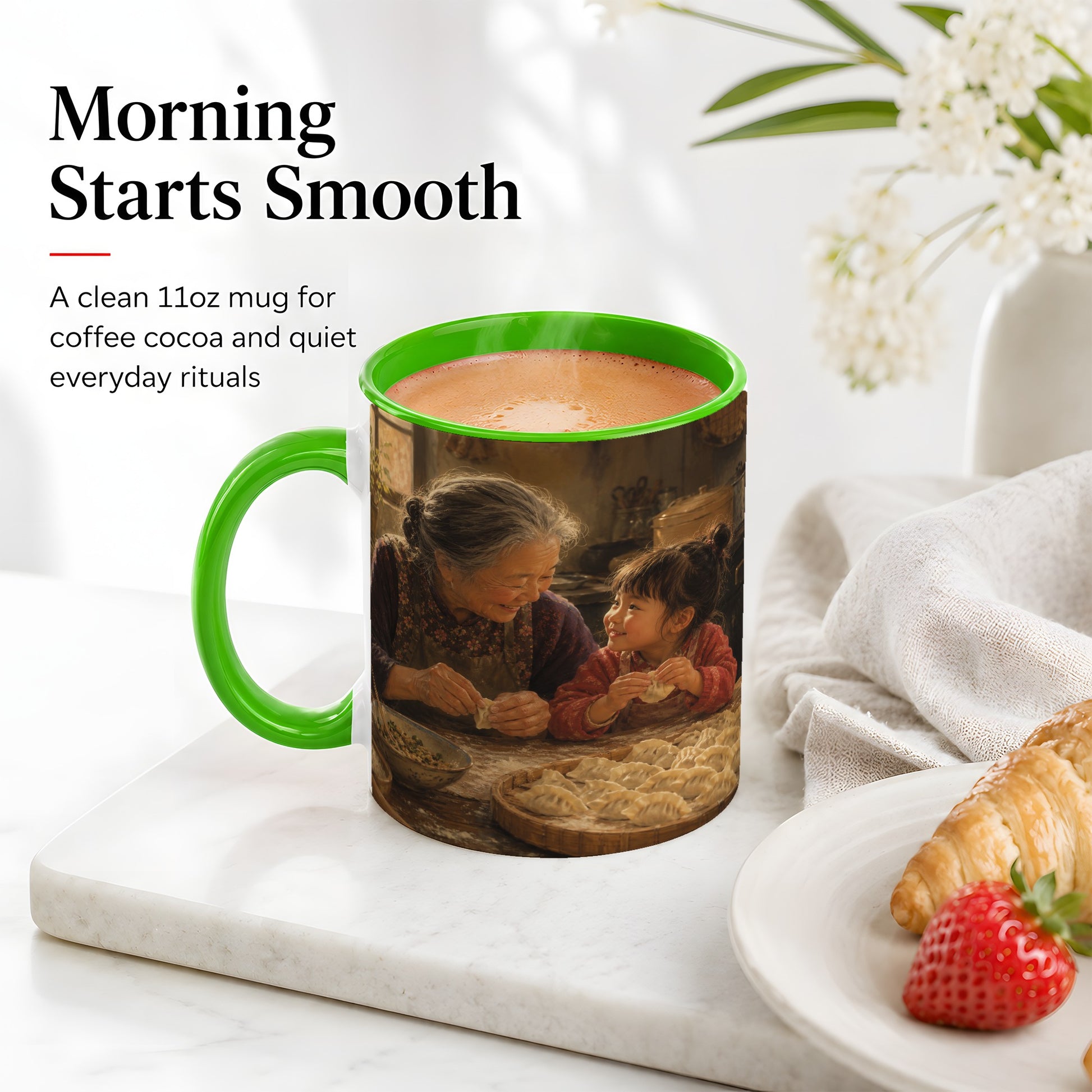#pl[11oz|Green] Family Dumpling Making Ceramic Mug, Grandma and Child Art