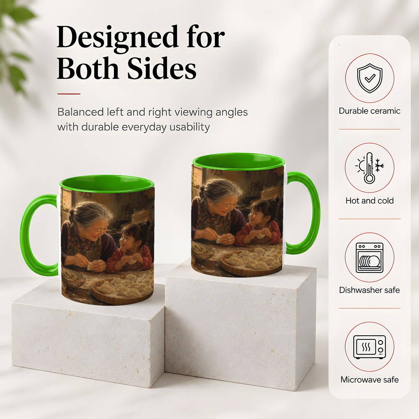 #pl[11oz|Green] Family Dumpling Making Ceramic Mug, Grandma and Child Art