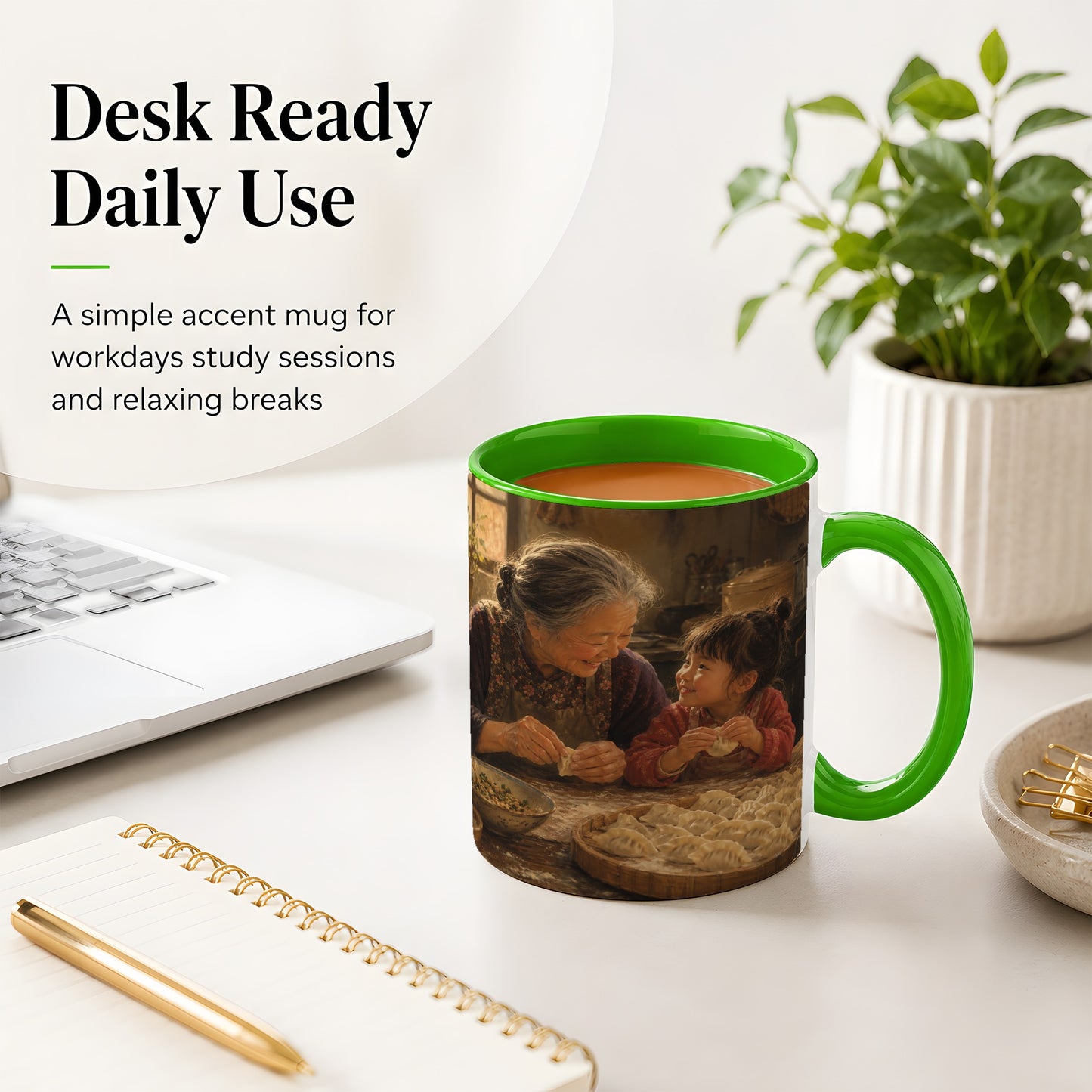 #pl[11oz|Green] Family Dumpling Making Ceramic Mug, Grandma and Child Art