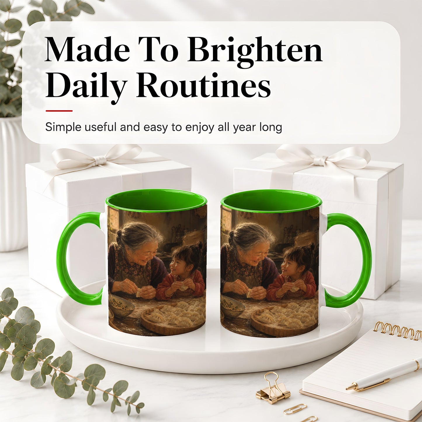 #pl[11oz|Green] Family Dumpling Making Ceramic Mug, Grandma and Child Art