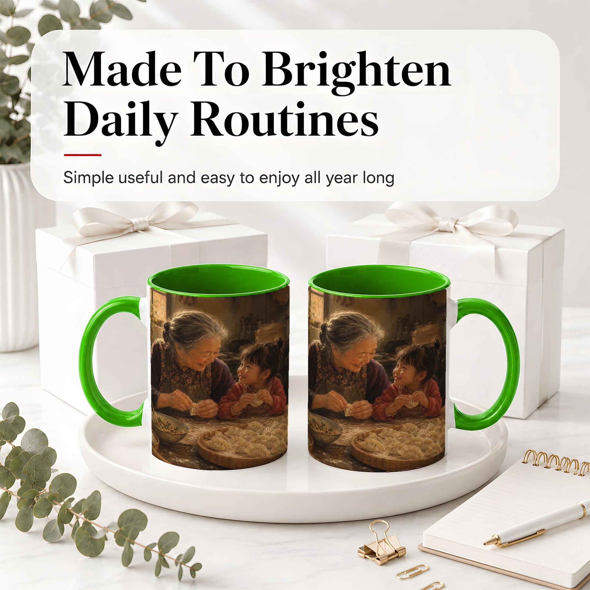 #pl[11oz|Green] Family Dumpling Making Ceramic Mug, Grandma and Child Art