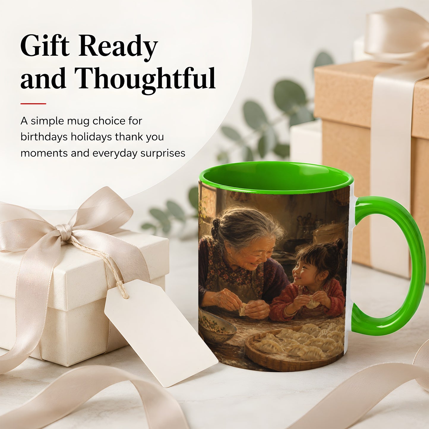 #pl[11oz|Green] Family Dumpling Making Ceramic Mug, Grandma and Child Art
