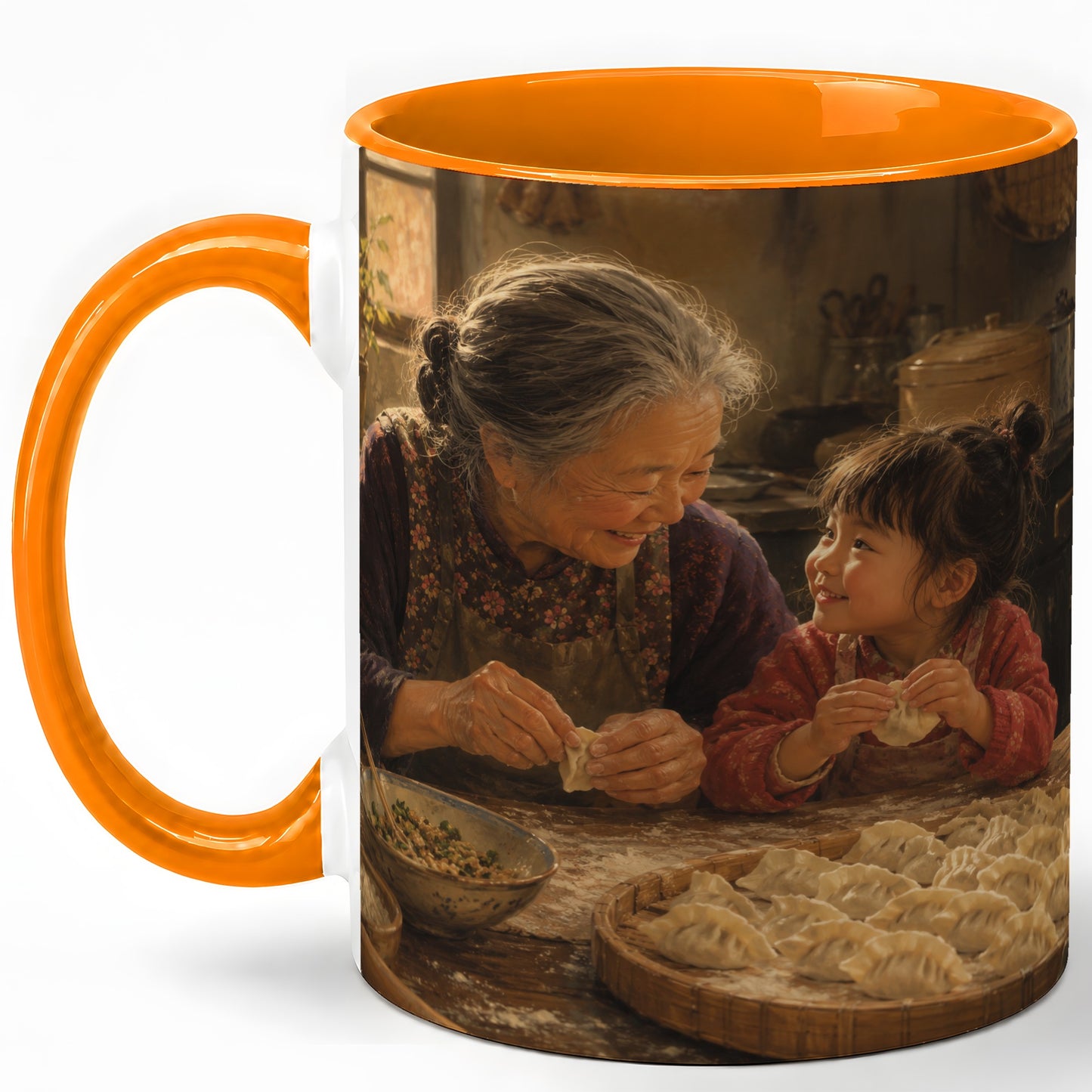 #pl[11oz|Orange] Family Dumpling Making Ceramic Mug, Grandma and Child Art