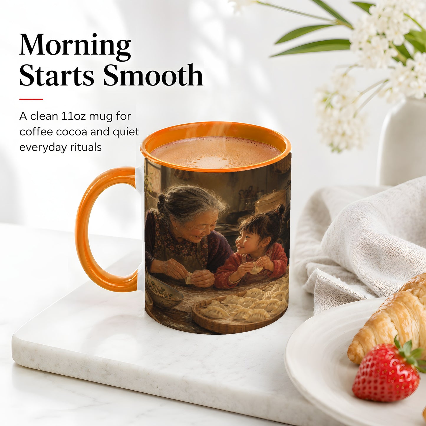 #pl[11oz|Orange] Family Dumpling Making Ceramic Mug, Grandma and Child Art