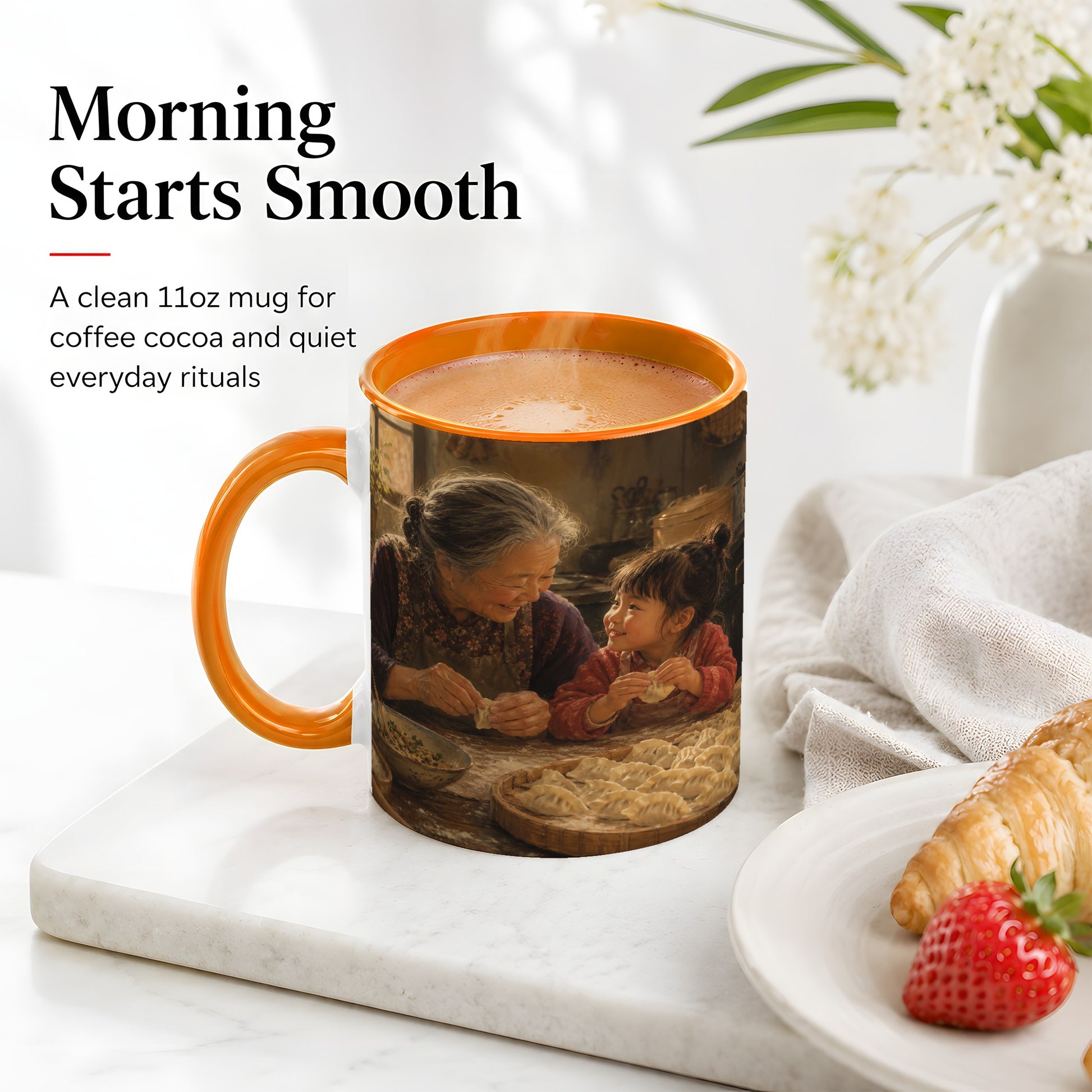 #pl[11oz|Orange] Family Dumpling Making Ceramic Mug, Grandma and Child Art