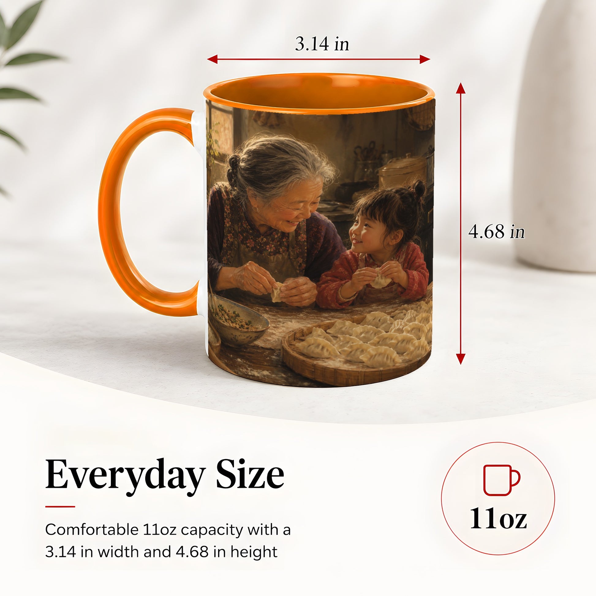 #pl[11oz|Orange] Family Dumpling Making Ceramic Mug, Grandma and Child Art