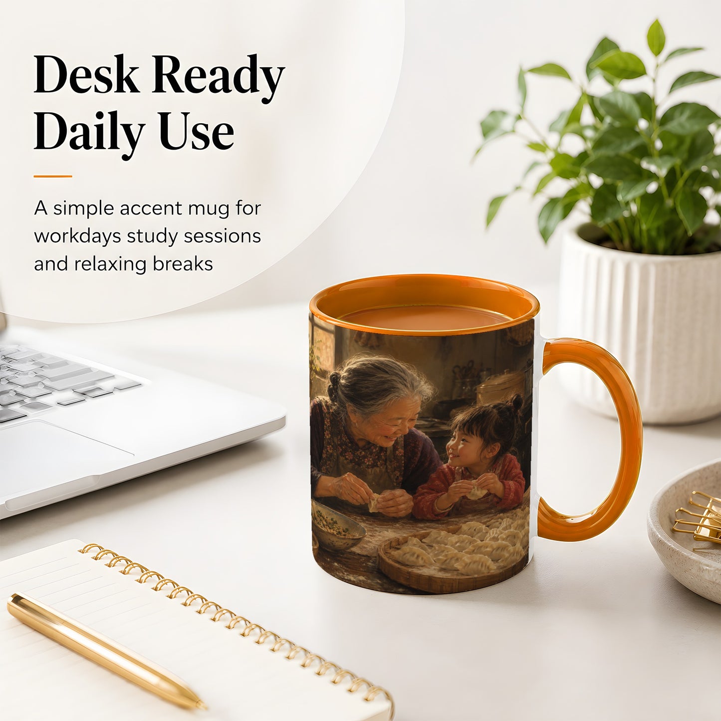 #pl[11oz|Orange] Family Dumpling Making Ceramic Mug, Grandma and Child Art