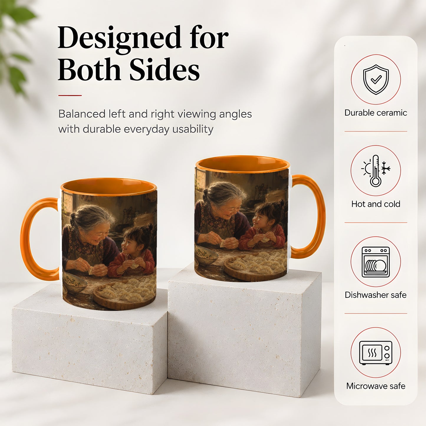 #pl[11oz|Orange] Family Dumpling Making Ceramic Mug, Grandma and Child Art