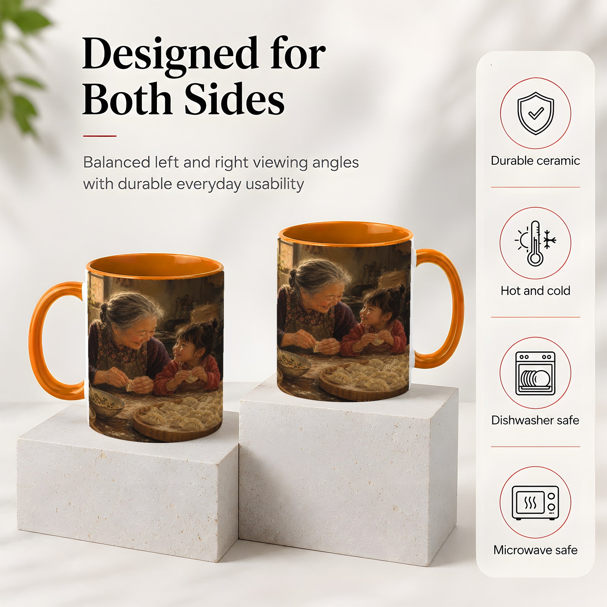 #pl[11oz|Orange] Family Dumpling Making Ceramic Mug, Grandma and Child Art