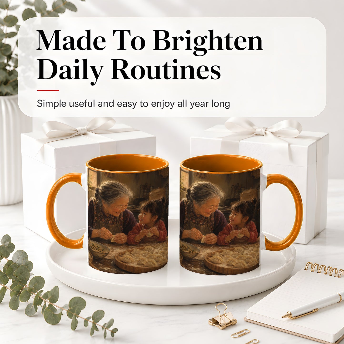 #pl[11oz|Orange] Family Dumpling Making Ceramic Mug, Grandma and Child Art