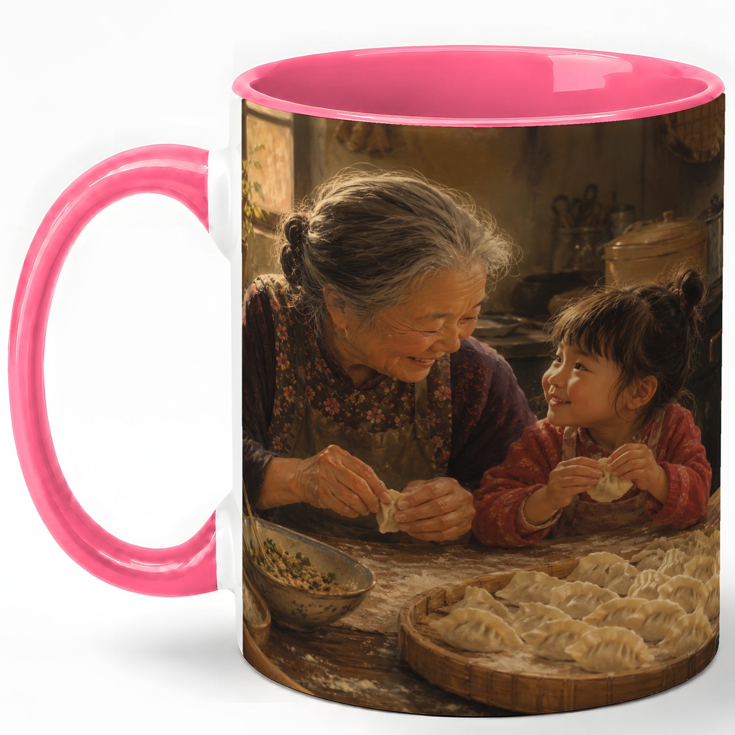 #pl[11oz|Pink] Family Dumpling Making Ceramic Mug, Grandma and Child Art