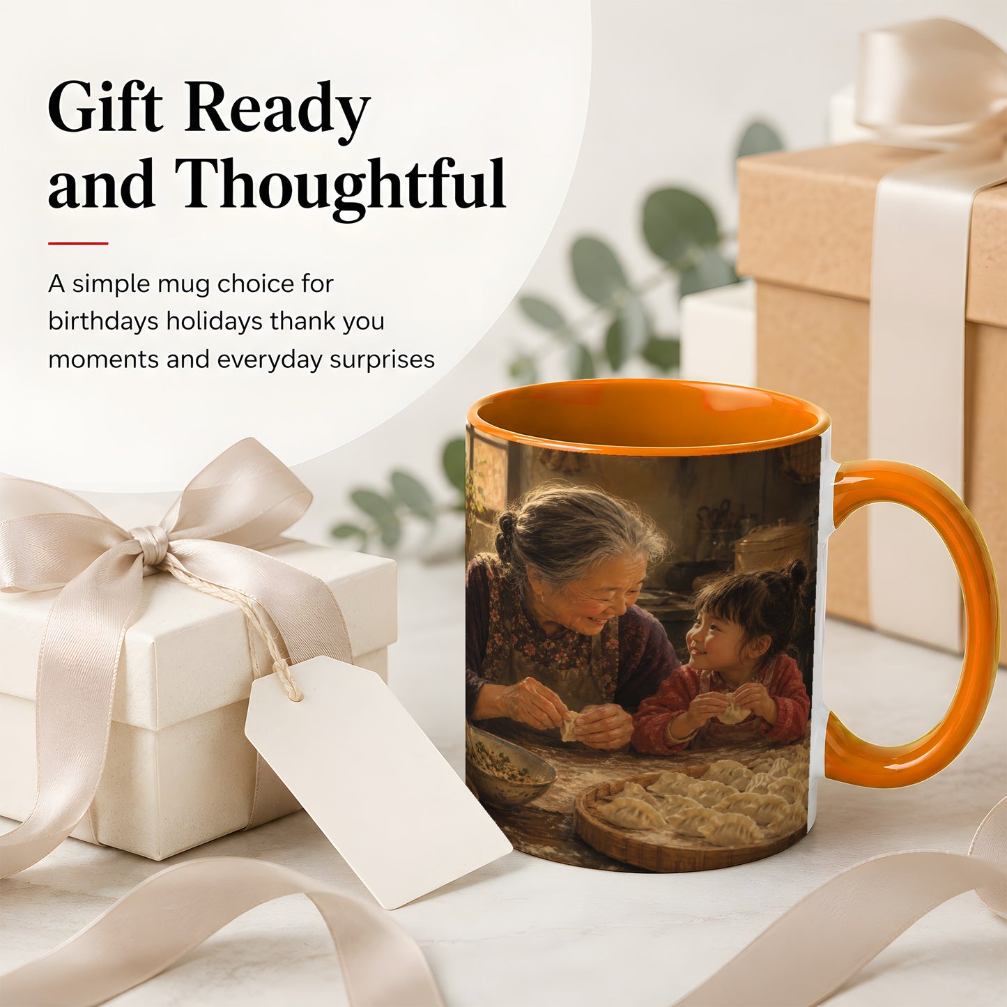 #pl[11oz|Orange] Family Dumpling Making Ceramic Mug, Grandma and Child Art