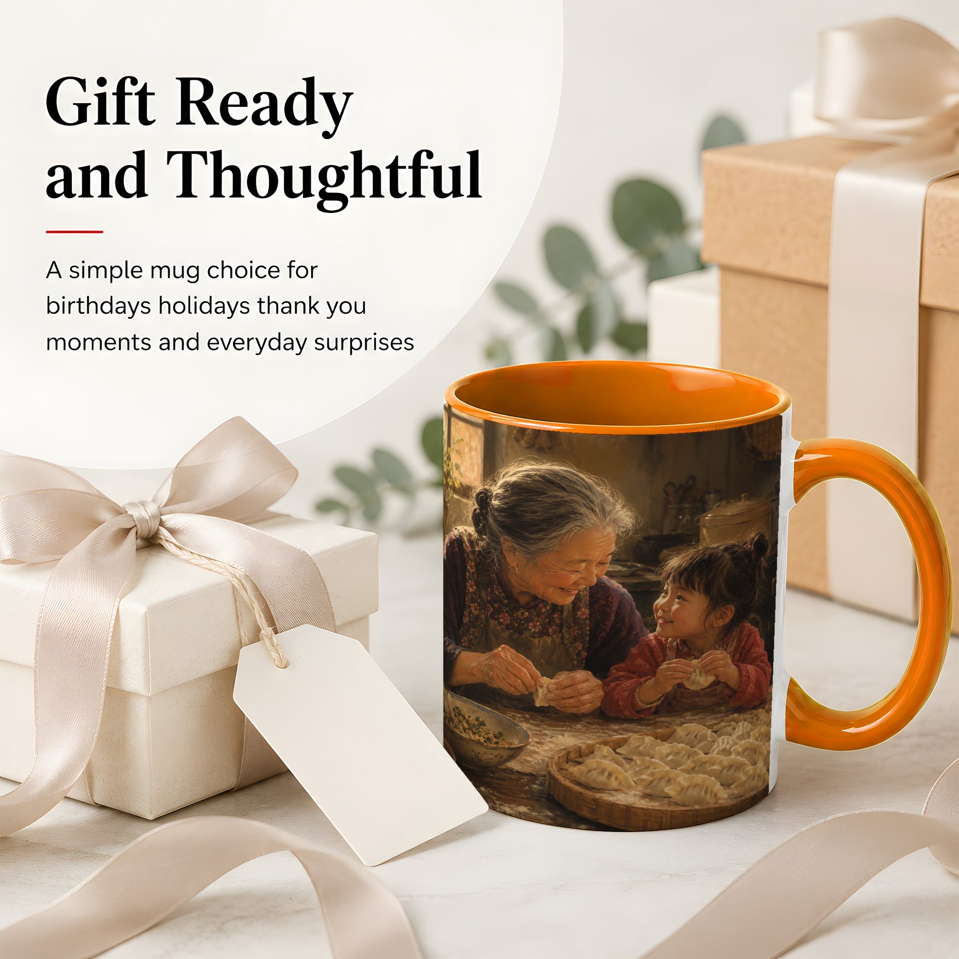 #pl[11oz|Orange] Family Dumpling Making Ceramic Mug, Grandma and Child Art