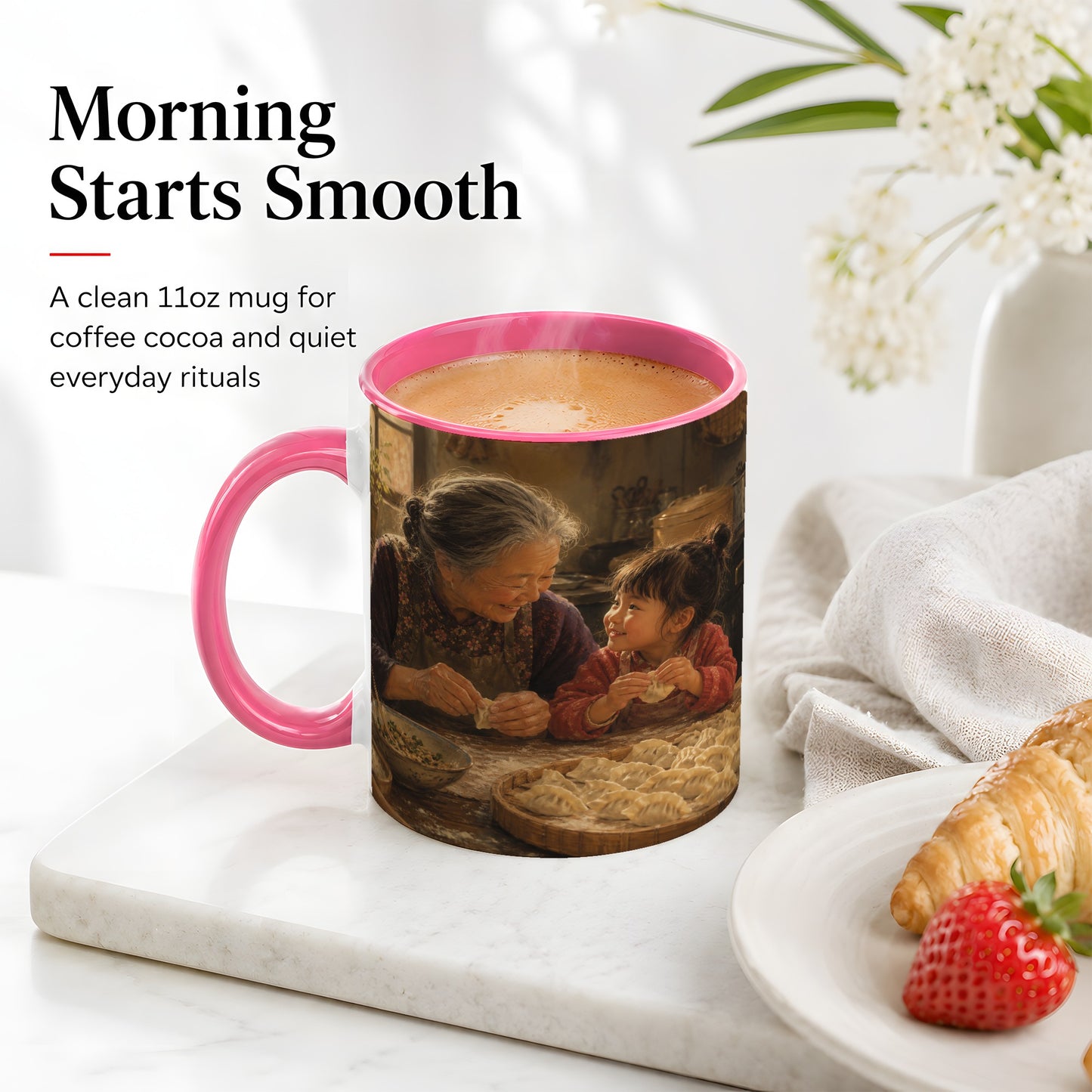 #pl[11oz|Pink] Family Dumpling Making Ceramic Mug, Grandma and Child Art