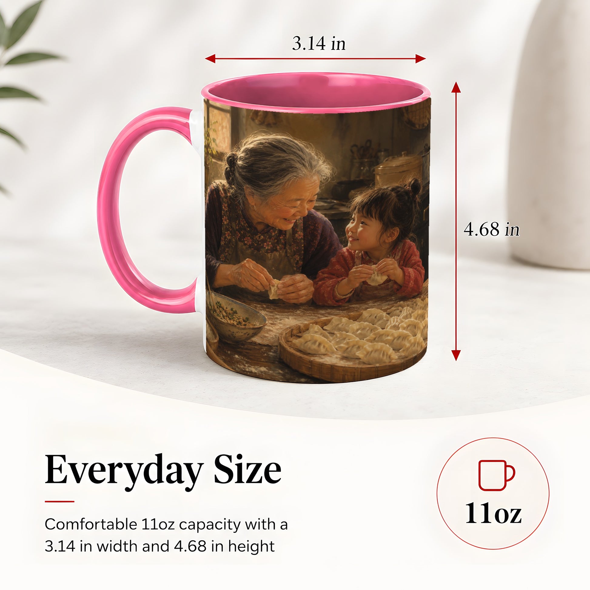 #pl[11oz|Pink] Family Dumpling Making Ceramic Mug, Grandma and Child Art