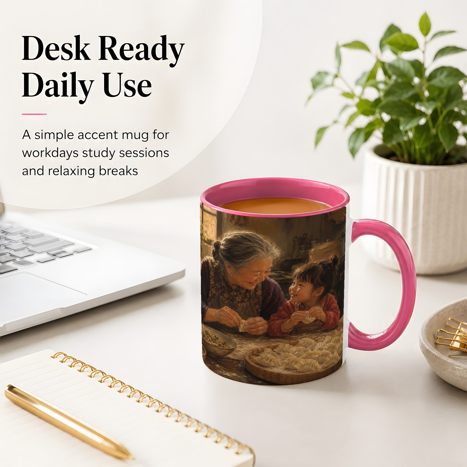 #pl[11oz|Pink] Family Dumpling Making Ceramic Mug, Grandma and Child Art