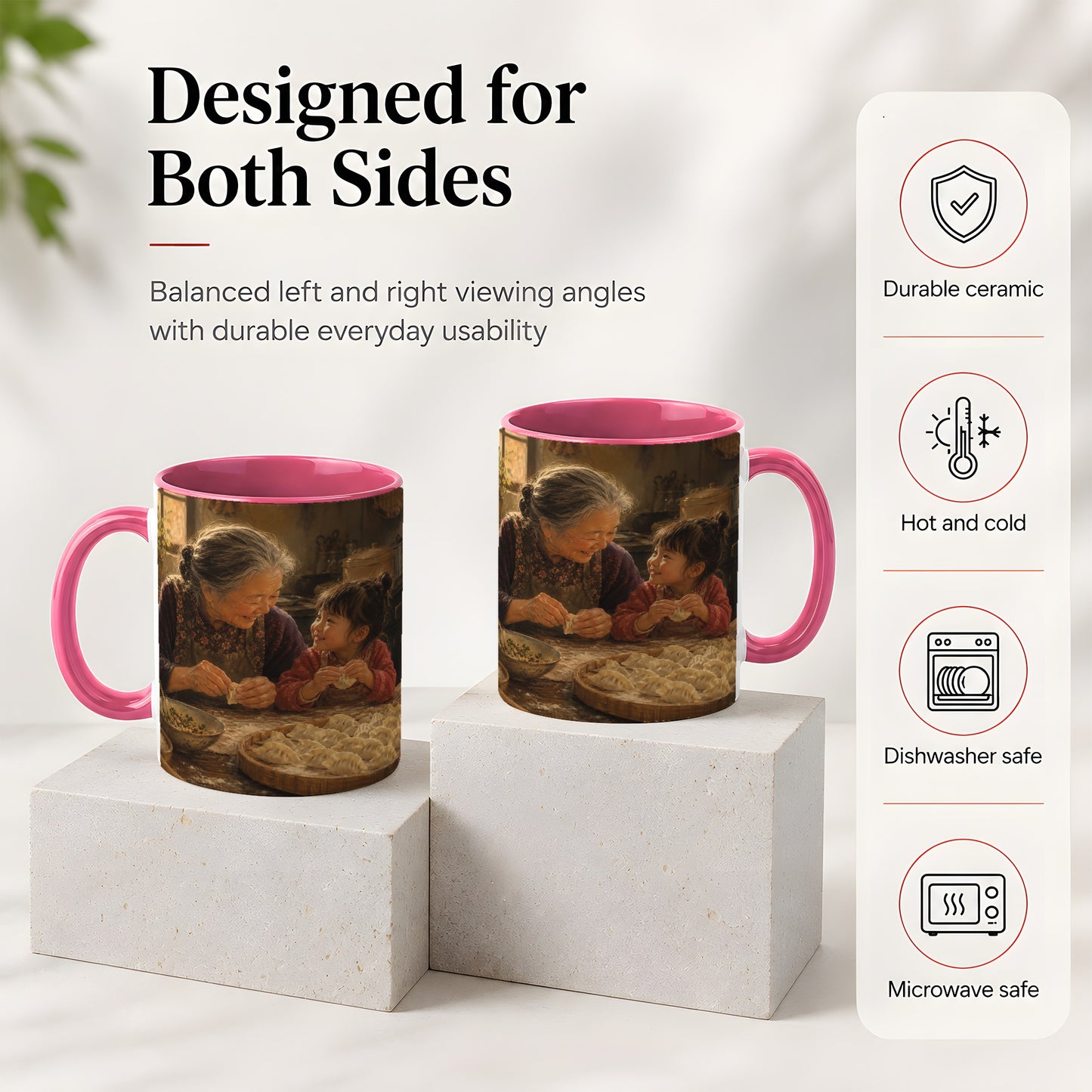 #pl[11oz|Pink] Family Dumpling Making Ceramic Mug, Grandma and Child Art
