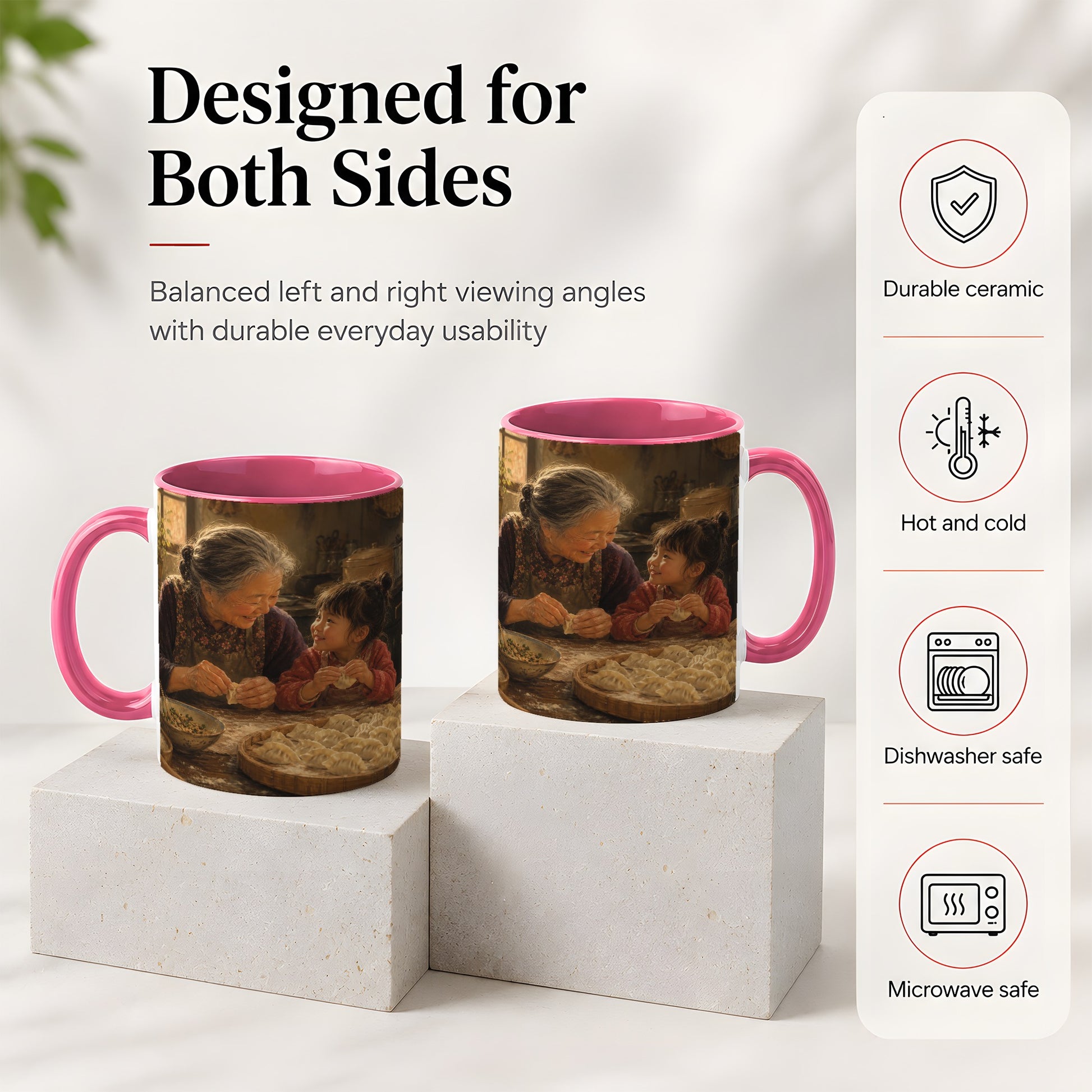 #pl[11oz|Pink] Family Dumpling Making Ceramic Mug, Grandma and Child Art