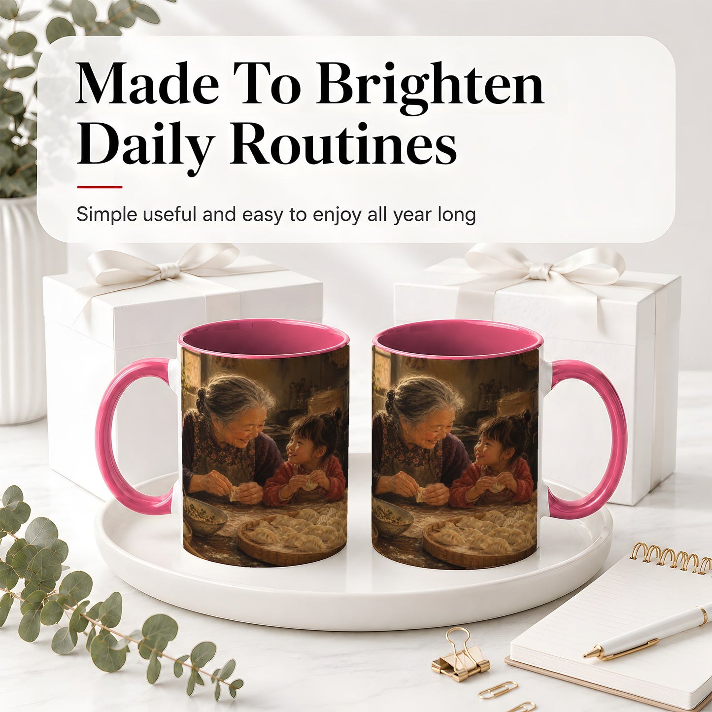#pl[11oz|Pink] Family Dumpling Making Ceramic Mug, Grandma and Child Art