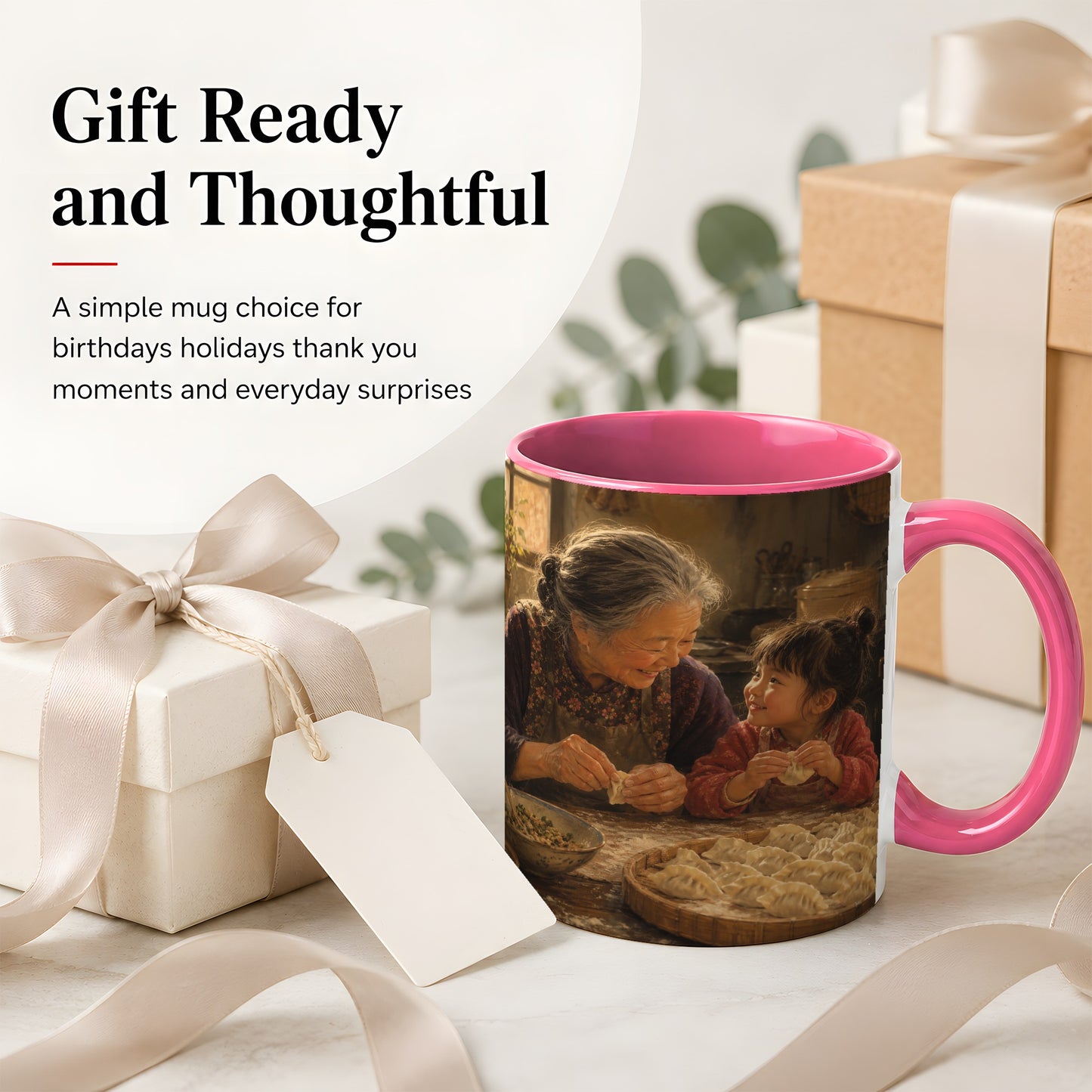 #pl[11oz|Pink] Family Dumpling Making Ceramic Mug, Grandma and Child Art