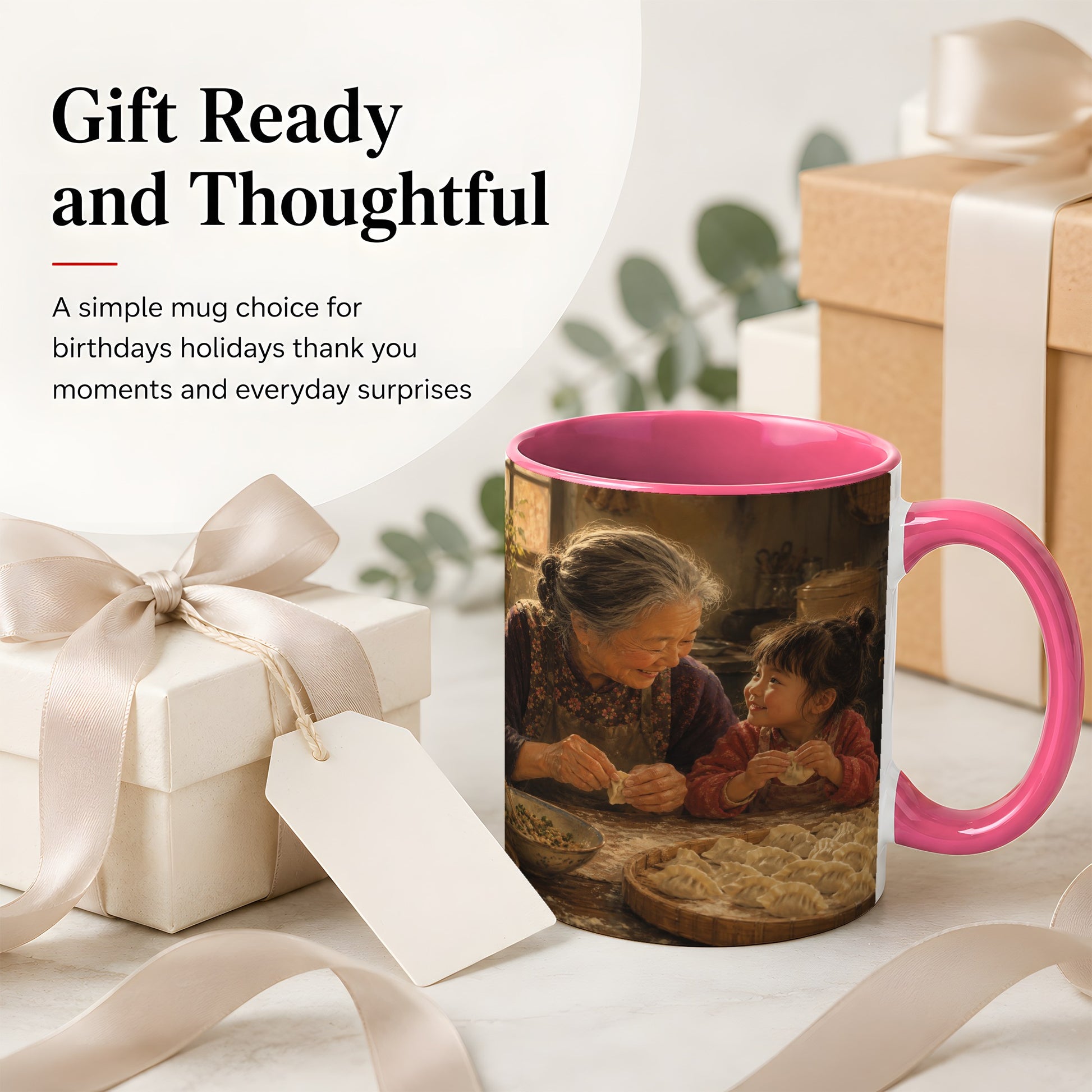 #pl[11oz|Pink] Family Dumpling Making Ceramic Mug, Grandma and Child Art