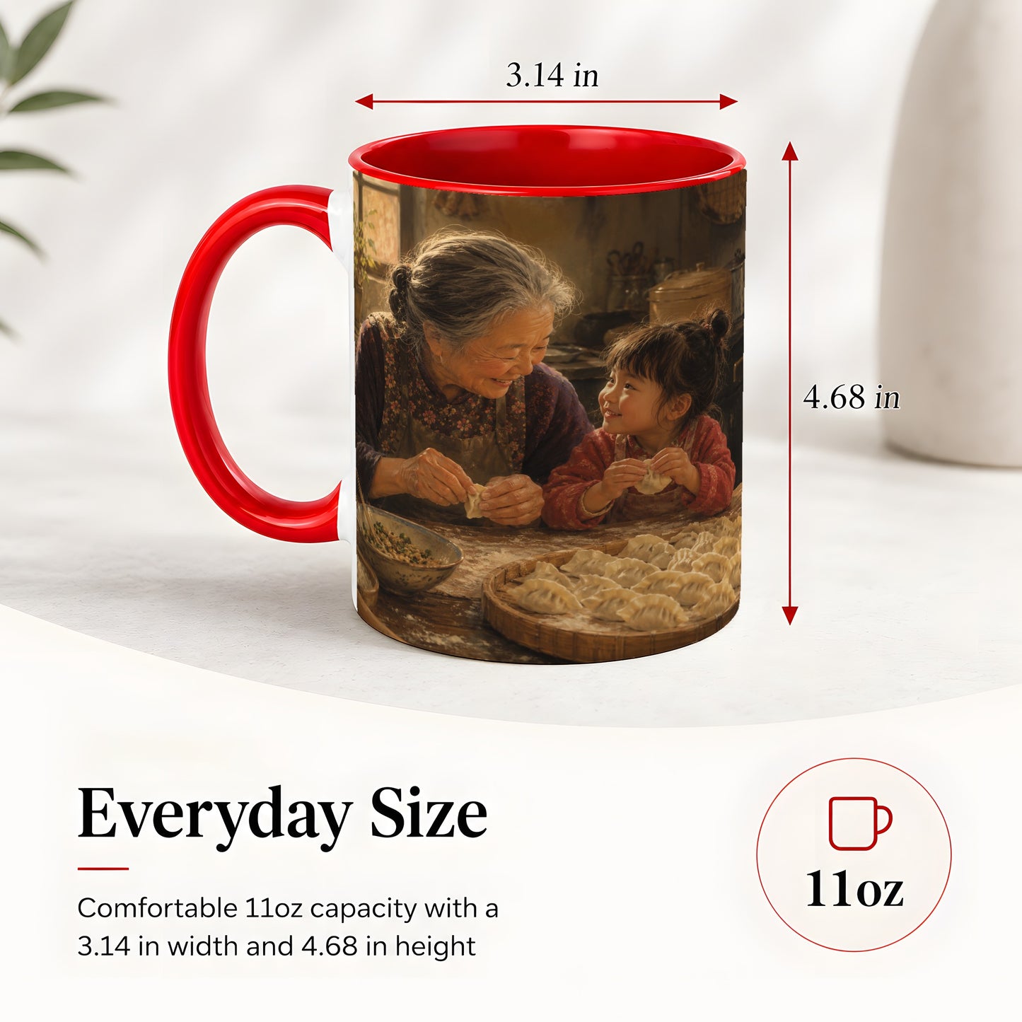 #pl[11oz|Red] Family Dumpling Making Ceramic Mug, Grandma and Child Art