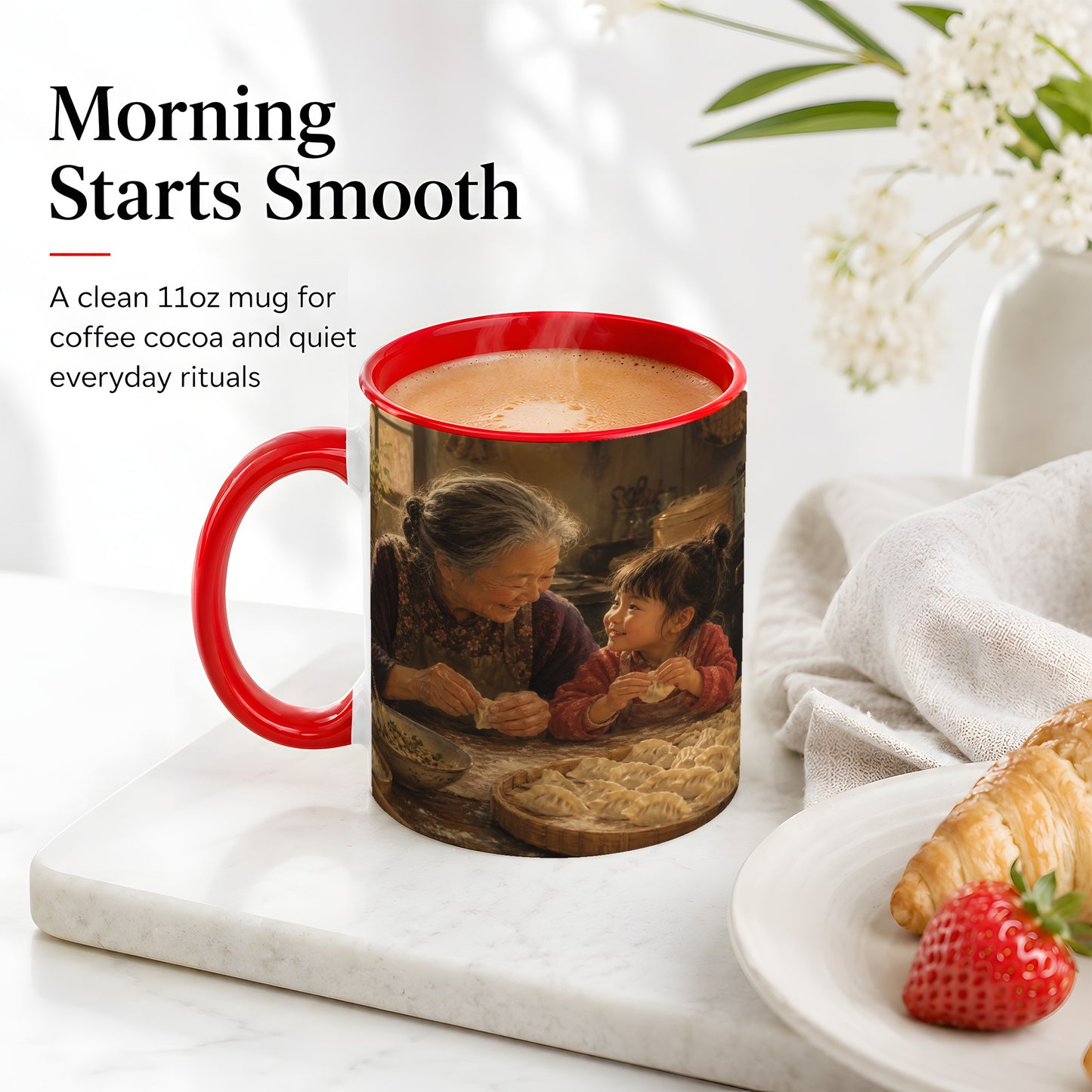 #pl[11oz|Red] Family Dumpling Making Ceramic Mug, Grandma and Child Art