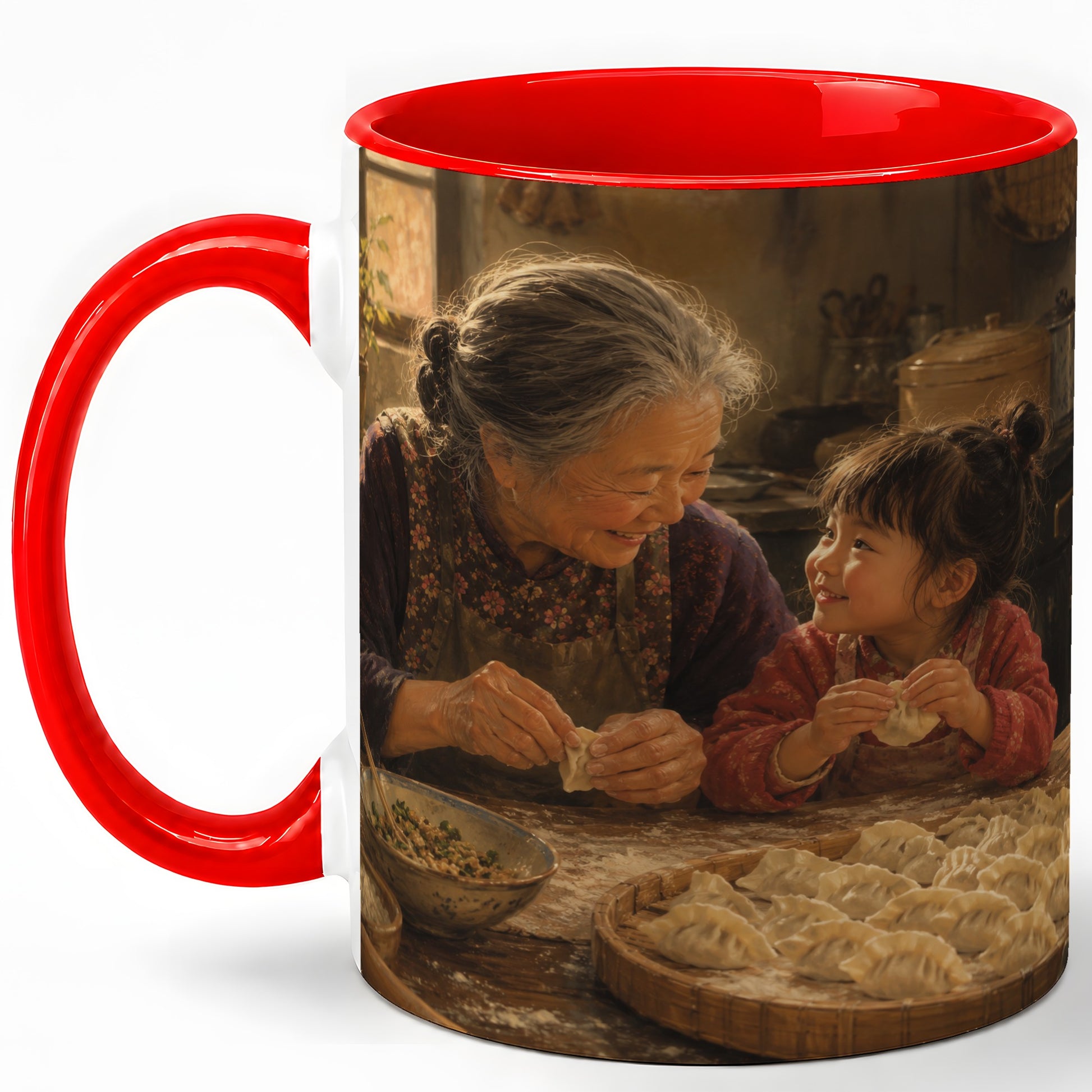 Family Dumpling Making Ceramic Mug, Grandma and Child Art