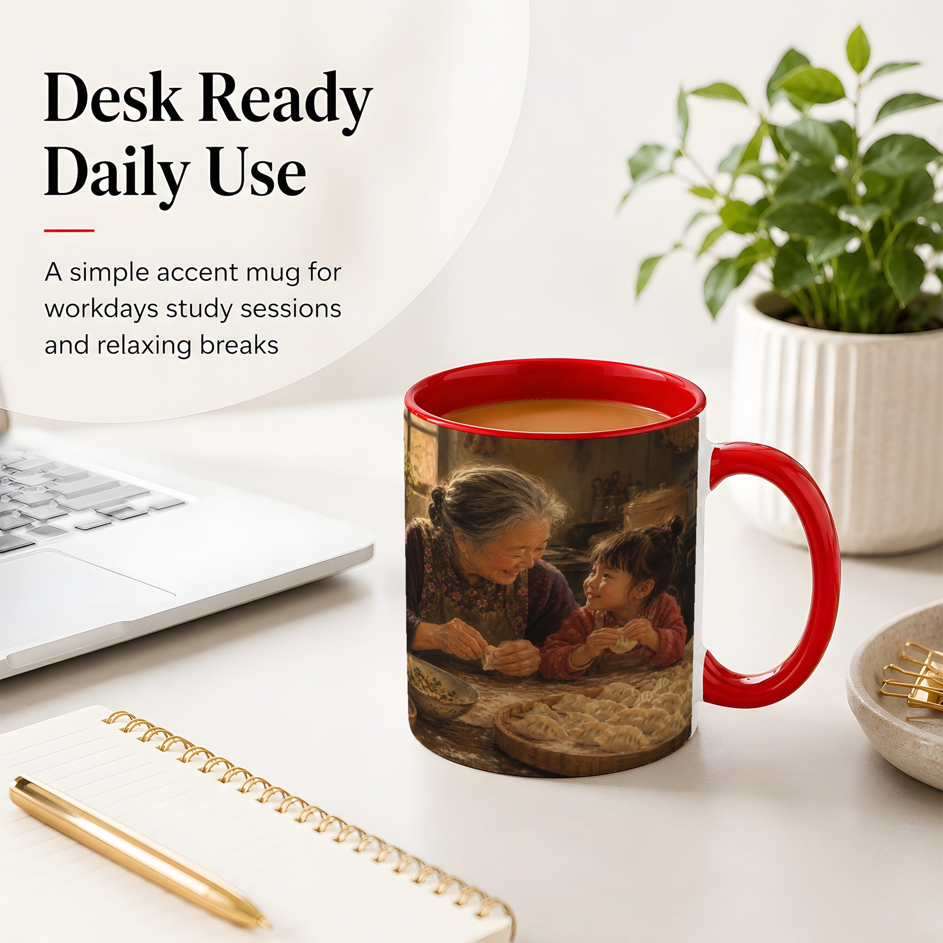 #pl[11oz|Red] Family Dumpling Making Ceramic Mug, Grandma and Child Art