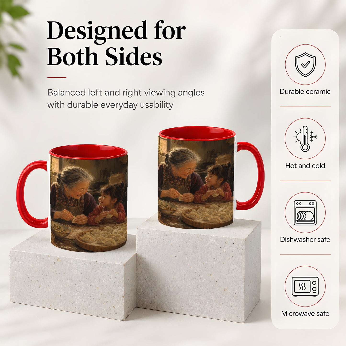 #pl[11oz|Red] Family Dumpling Making Ceramic Mug, Grandma and Child Art