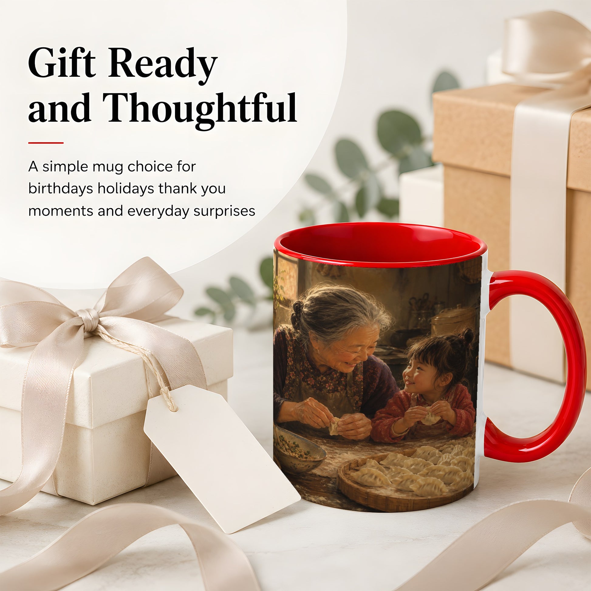 #pl[11oz|Red] Family Dumpling Making Ceramic Mug, Grandma and Child Art
