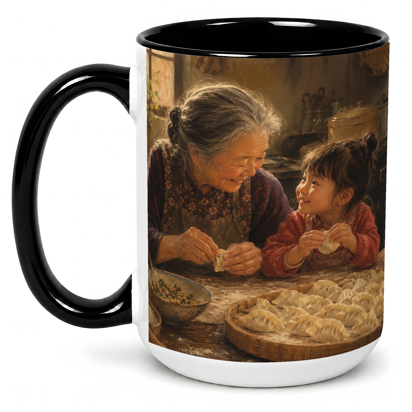 #pl[15oz|Black] Family Dumpling Making Ceramic Mug, Grandma and Child Art