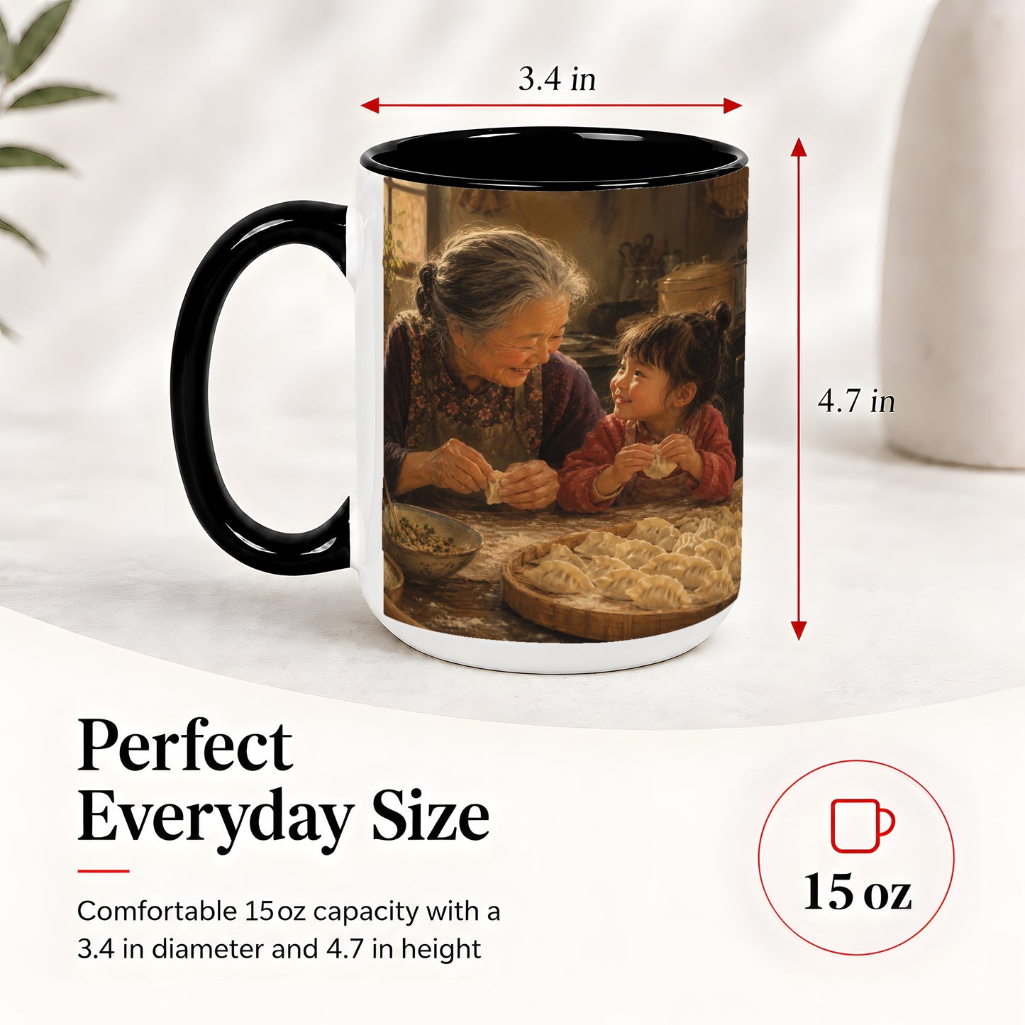 #pl[15oz|Black] Family Dumpling Making Ceramic Mug, Grandma and Child Art