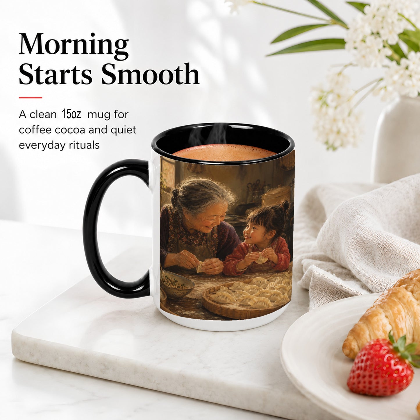 #pl[15oz|Black] Family Dumpling Making Ceramic Mug, Grandma and Child Art