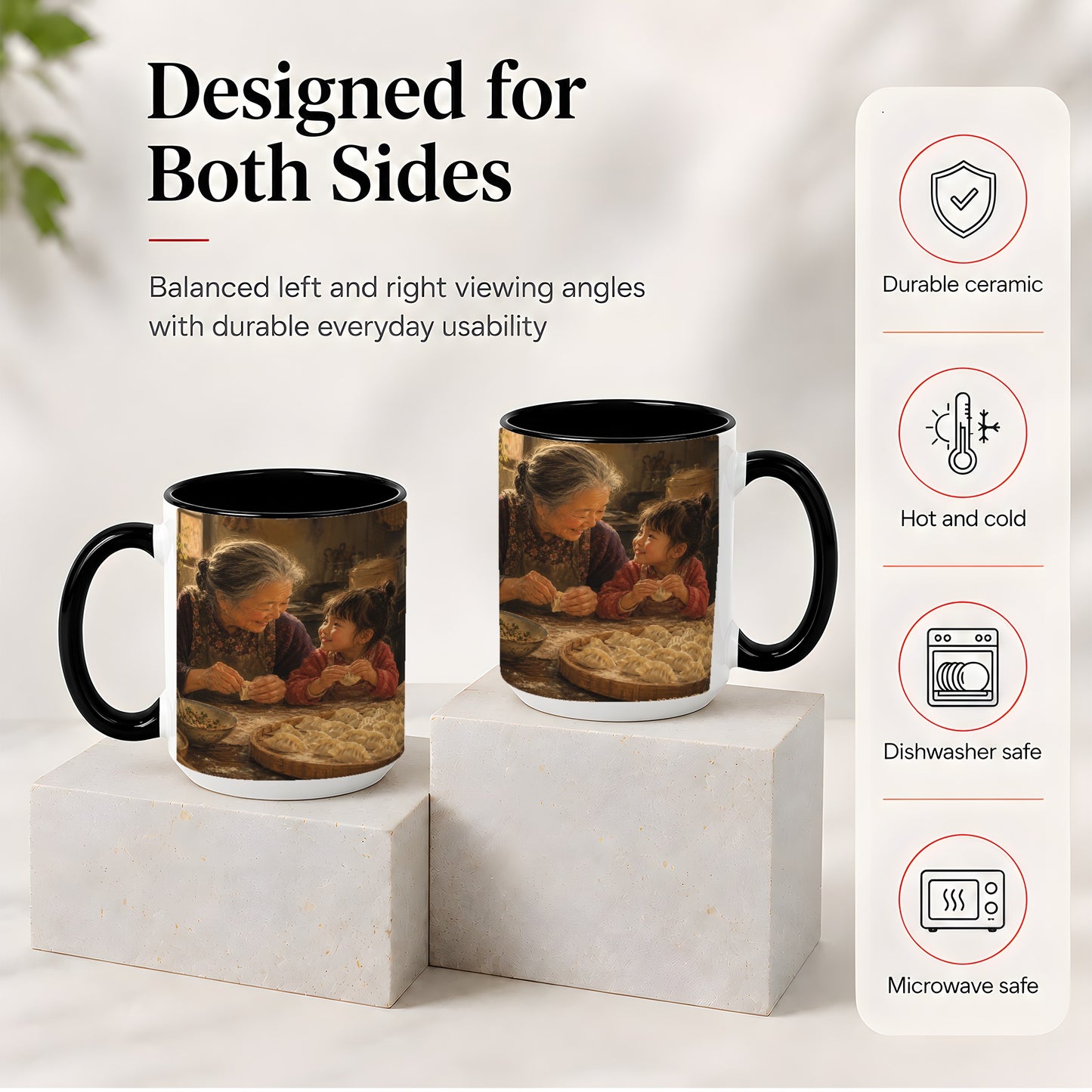#pl[15oz|Black] Family Dumpling Making Ceramic Mug, Grandma and Child Art