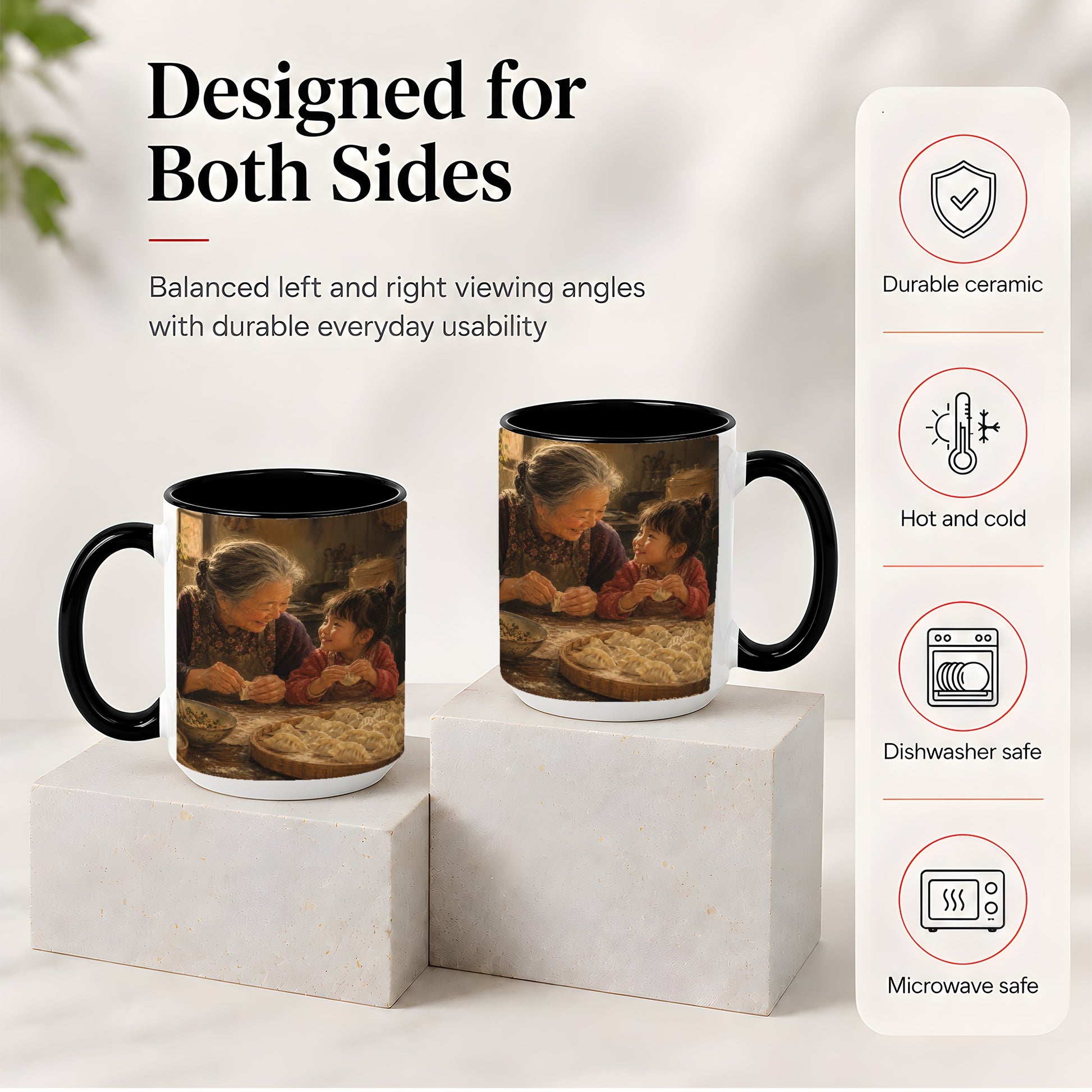 #pl[15oz|Black] Family Dumpling Making Ceramic Mug, Grandma and Child Art