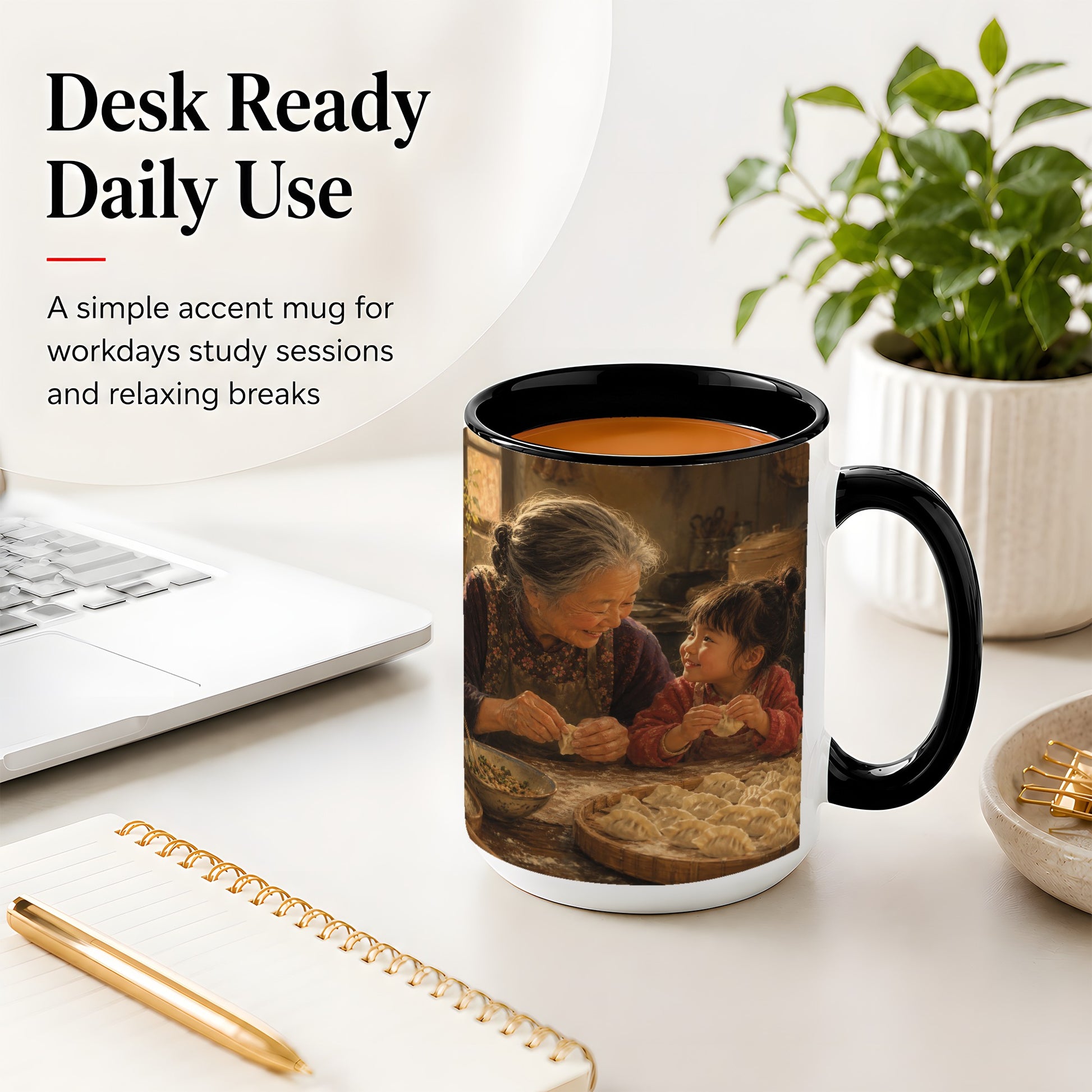 #pl[15oz|Black] Family Dumpling Making Ceramic Mug, Grandma and Child Art