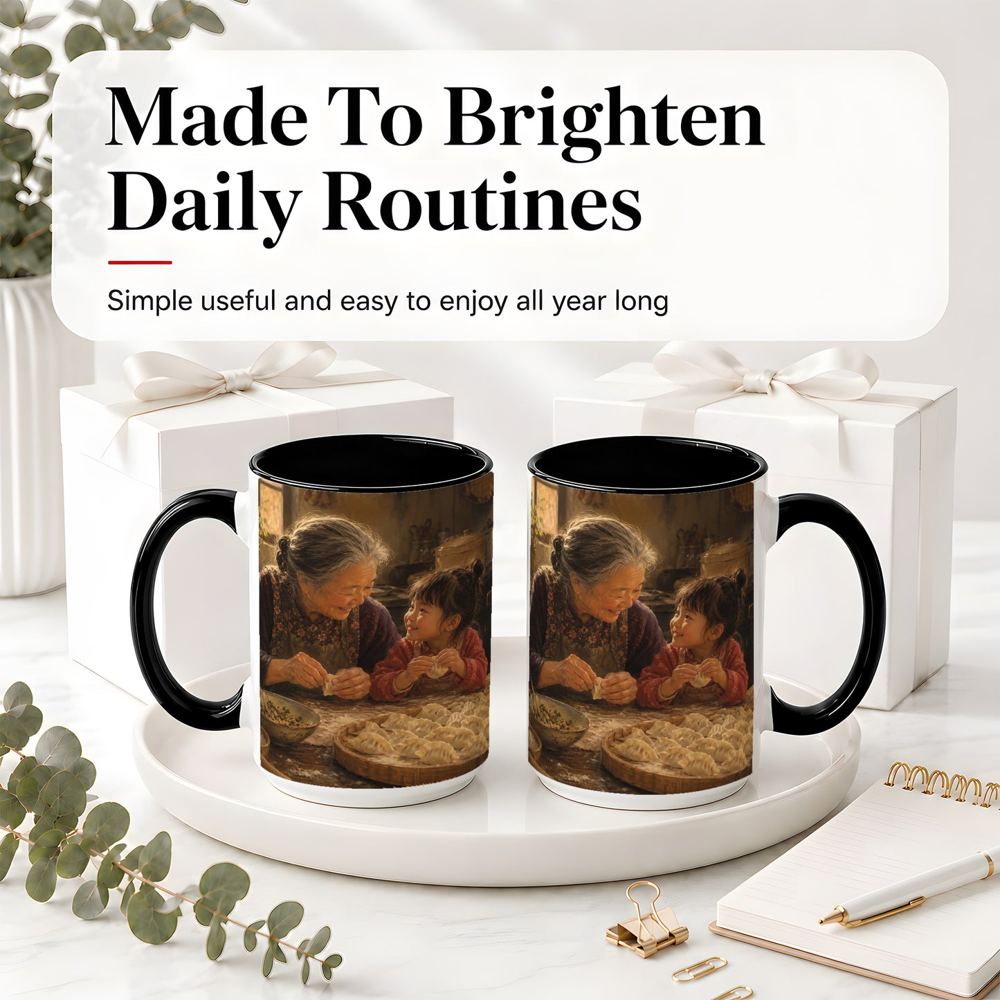 #pl[15oz|Black] Family Dumpling Making Ceramic Mug, Grandma and Child Art